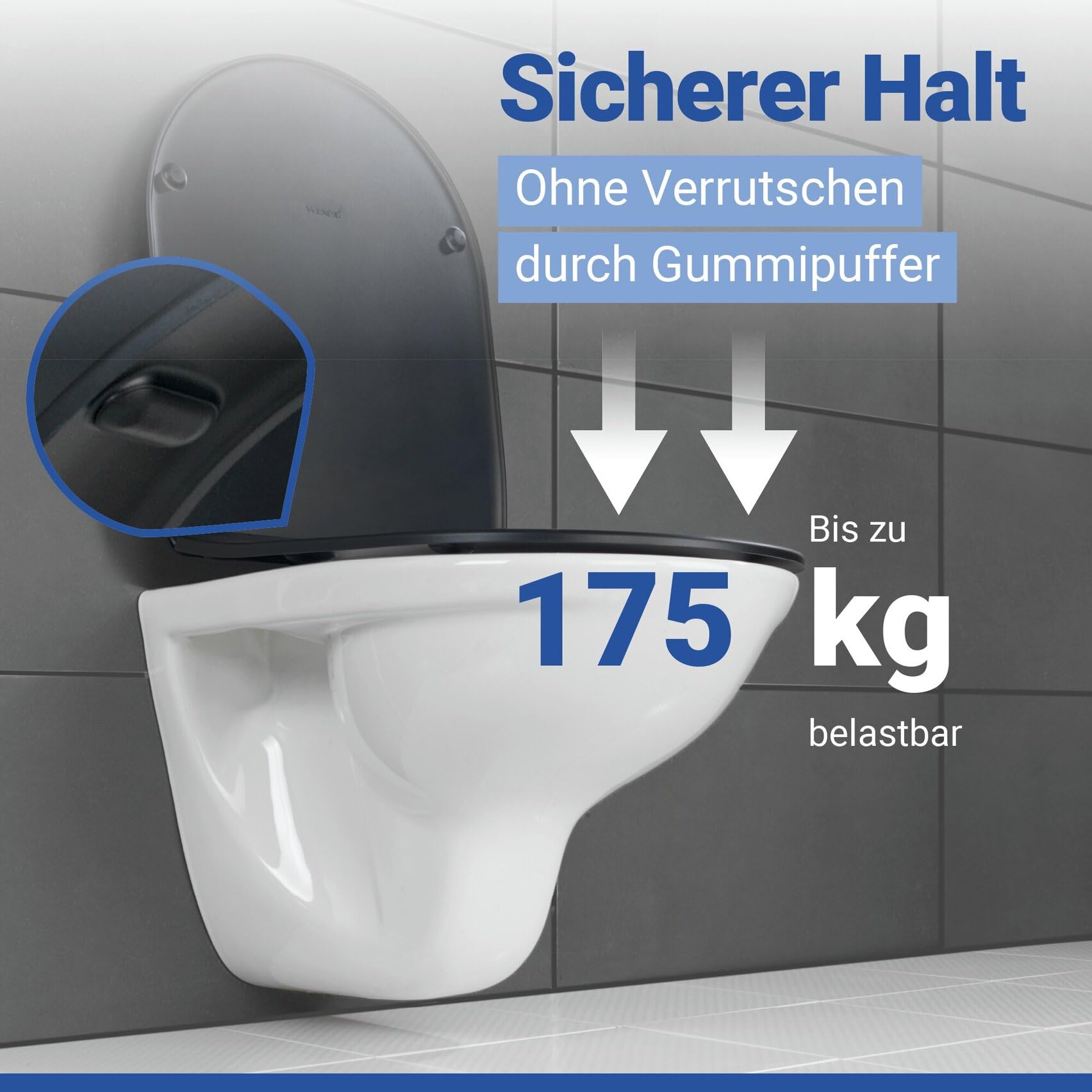 WENKO WC Sitz in D Form mit Absenkautomatik, ultraflach, belastbar bis 175 kg, abnehmbarer Toilettendeckel, Klodeckel aus antibakteriellem Duroplast, einfache Montage, Mod. Galati, schwarz matt