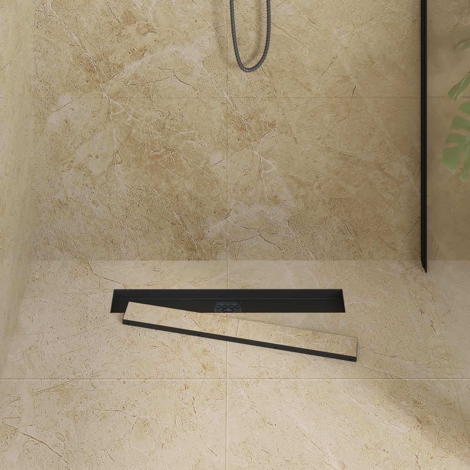 Desagüe de ducha 2 en 1 con sifón de 360°, negro, 60 cm, acero inoxidable 304, desagüe de desagüe con cierre de olor, para ducha, baño, cocina, sanitario, altura regulable 0 30 mm, apto para