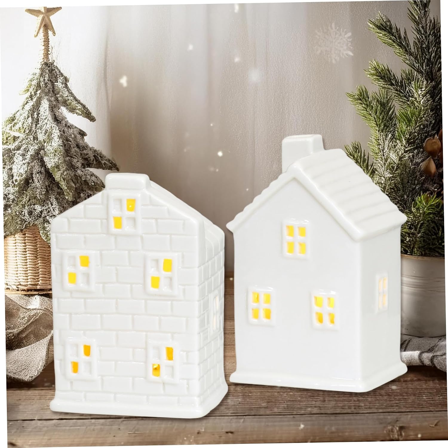 2Pcs Christmas Village Houses LED Lighted Ceramic White House Christmas Decorations Indoor for Holiday Tabletop Mantel Decor