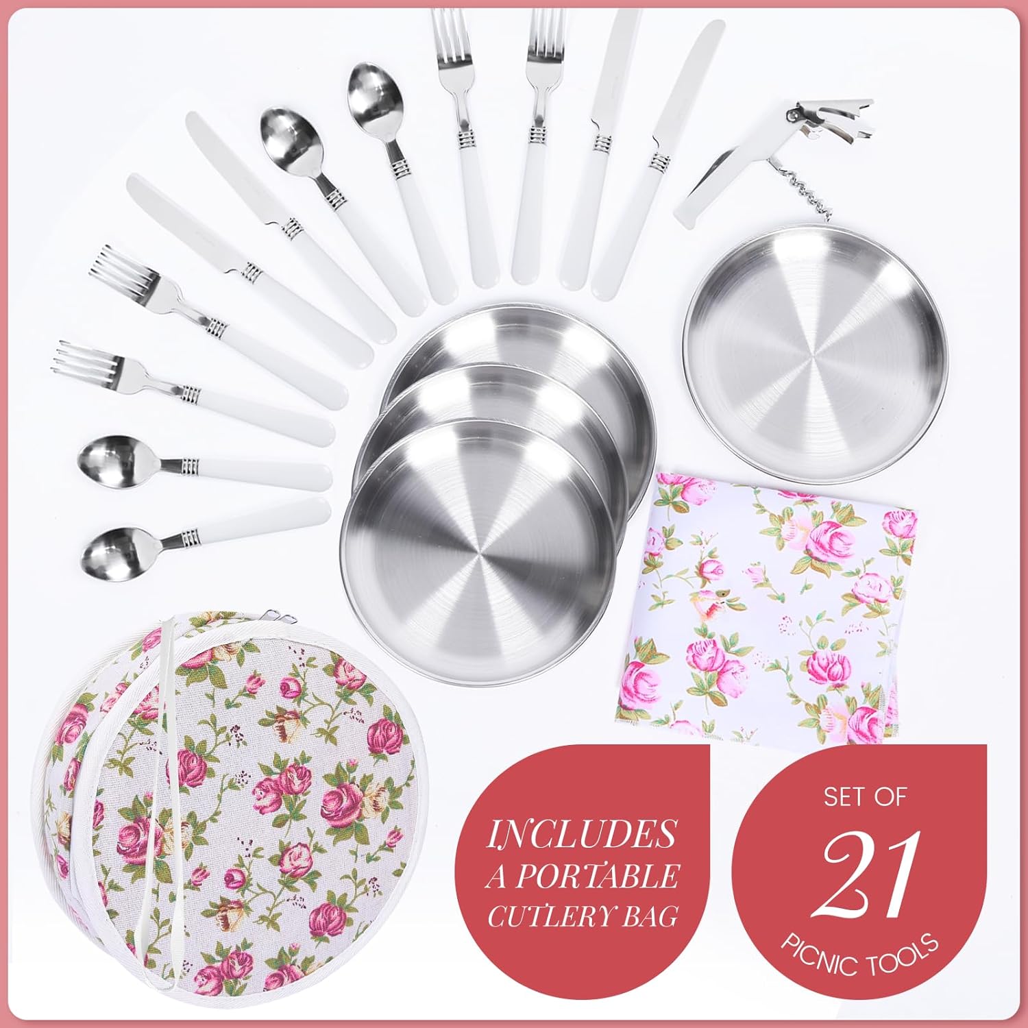 Wicker Picnic Basket with Handle, 15" Large Picnic Basket with Lid & Removable Liner, Vintage Hand Woven Basket with Cutlery Set for Picnics, Camping, Thanksgiving, and Birthday