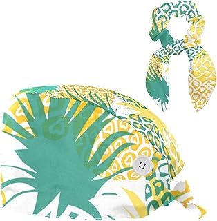 FVQL Gorro quirúrgico para pelo largo con diadema para el pelo, diseño de piñas, verde y amarillo, Color 2602, Taille unique