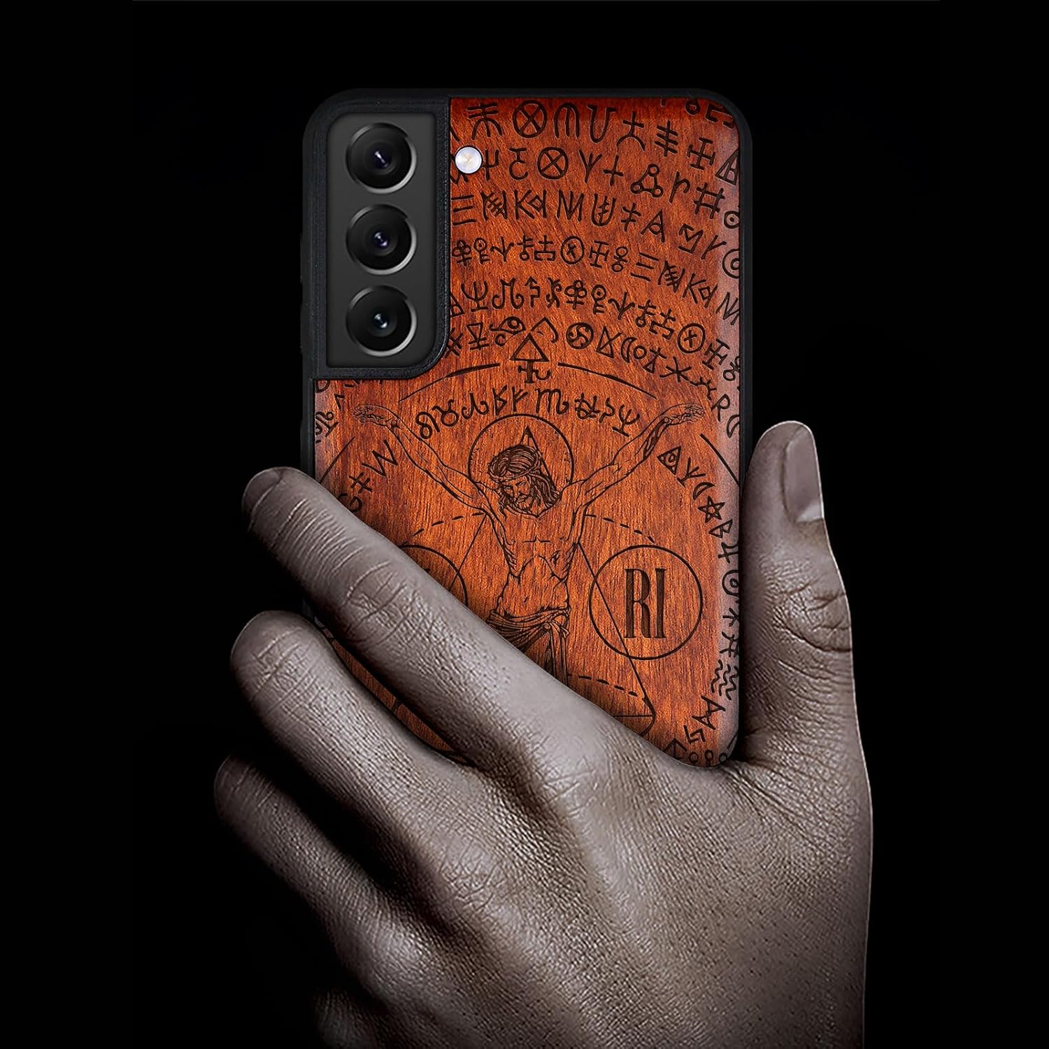 Carveit Wood Case for Galaxy S21 Case [Natural Wood & Black Soft TPU] Shockproof Hybrid Protective Unique Wooden Cover Compatible with Samsung S21 (Divine Alchemy: The Crucifix-Rosy)
