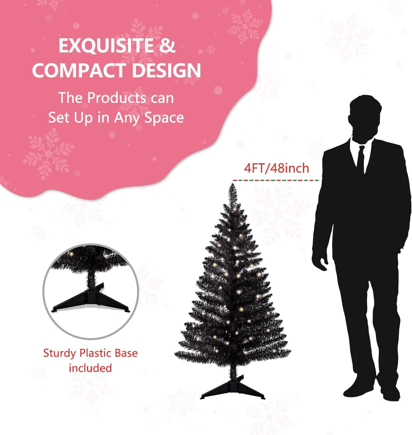 4ft Lighted Artificial Black Christmas Tree, Not Pre-lit Black Tinsel Pine Trees with Lights, Ideal for Ideal for Home, Office, and Xmas Party Décor - Includes Stand