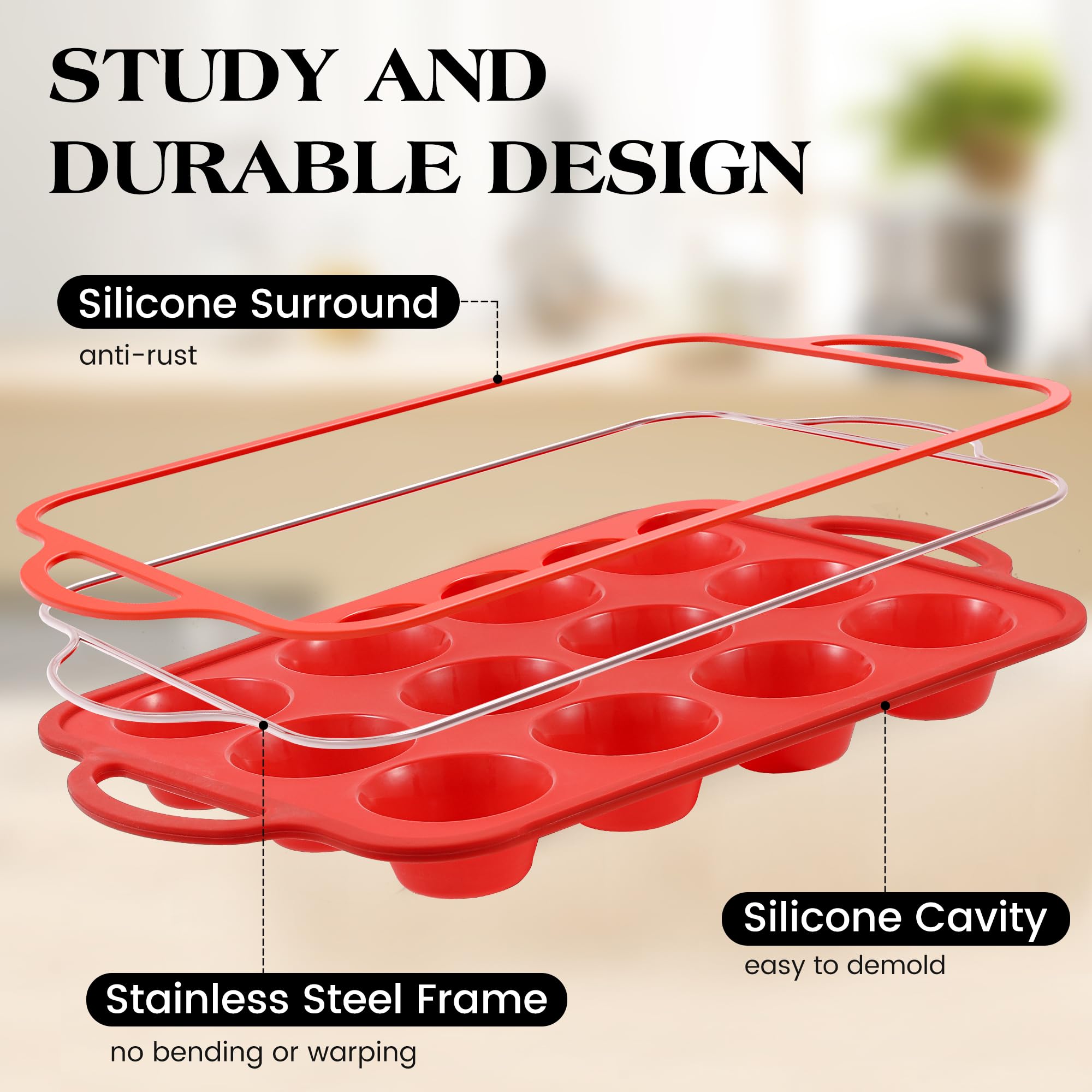 Ensemble de moules à muffins en silicone, 12 moules et mini moules à muffins avec ustensiles, moules de cuisson antiadhésifs avec cadre renforcé en métal, sans BPA