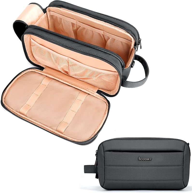Necessaire de viagem COOSKY com 4 compartimentos, separação para itens secos e úmidos, zíper e alça para mala, preta