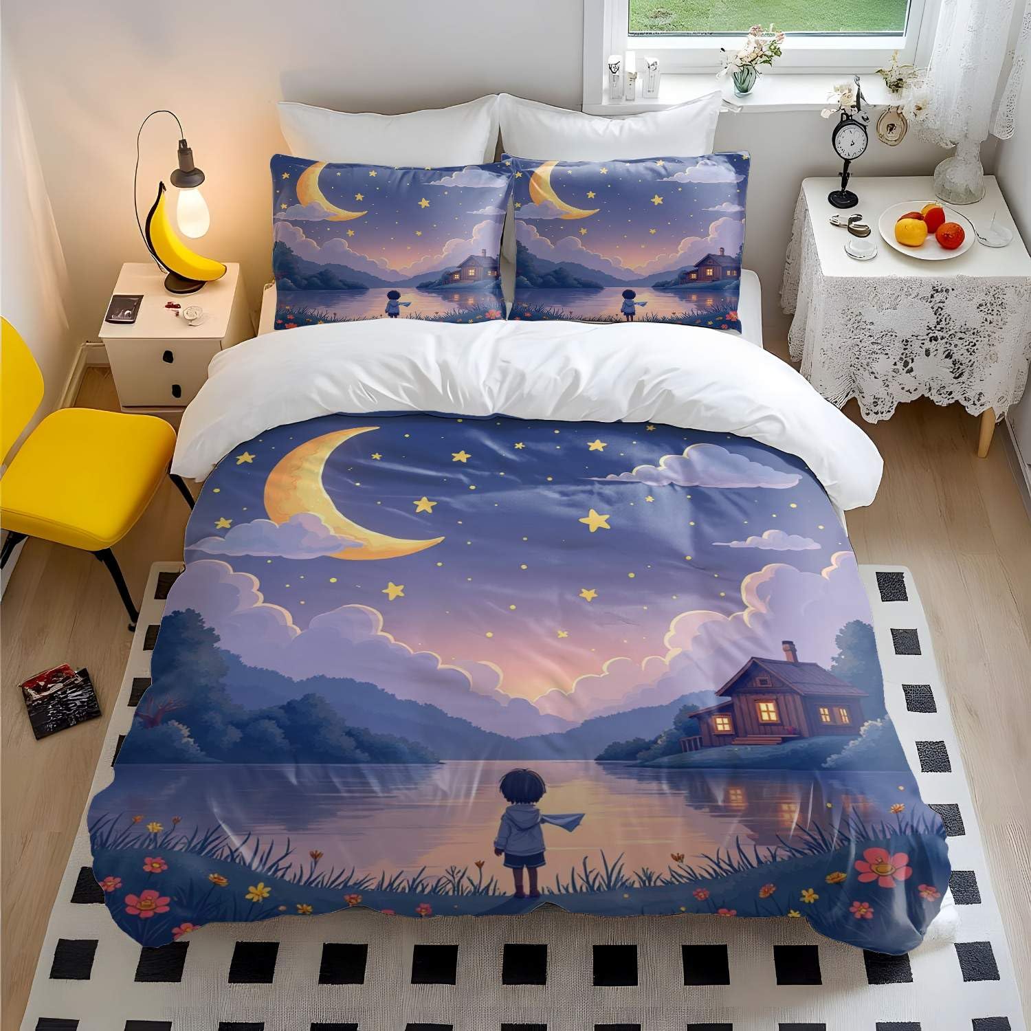 Parure de lit douce et respirante motif croissant de lune mignon pour lit double
