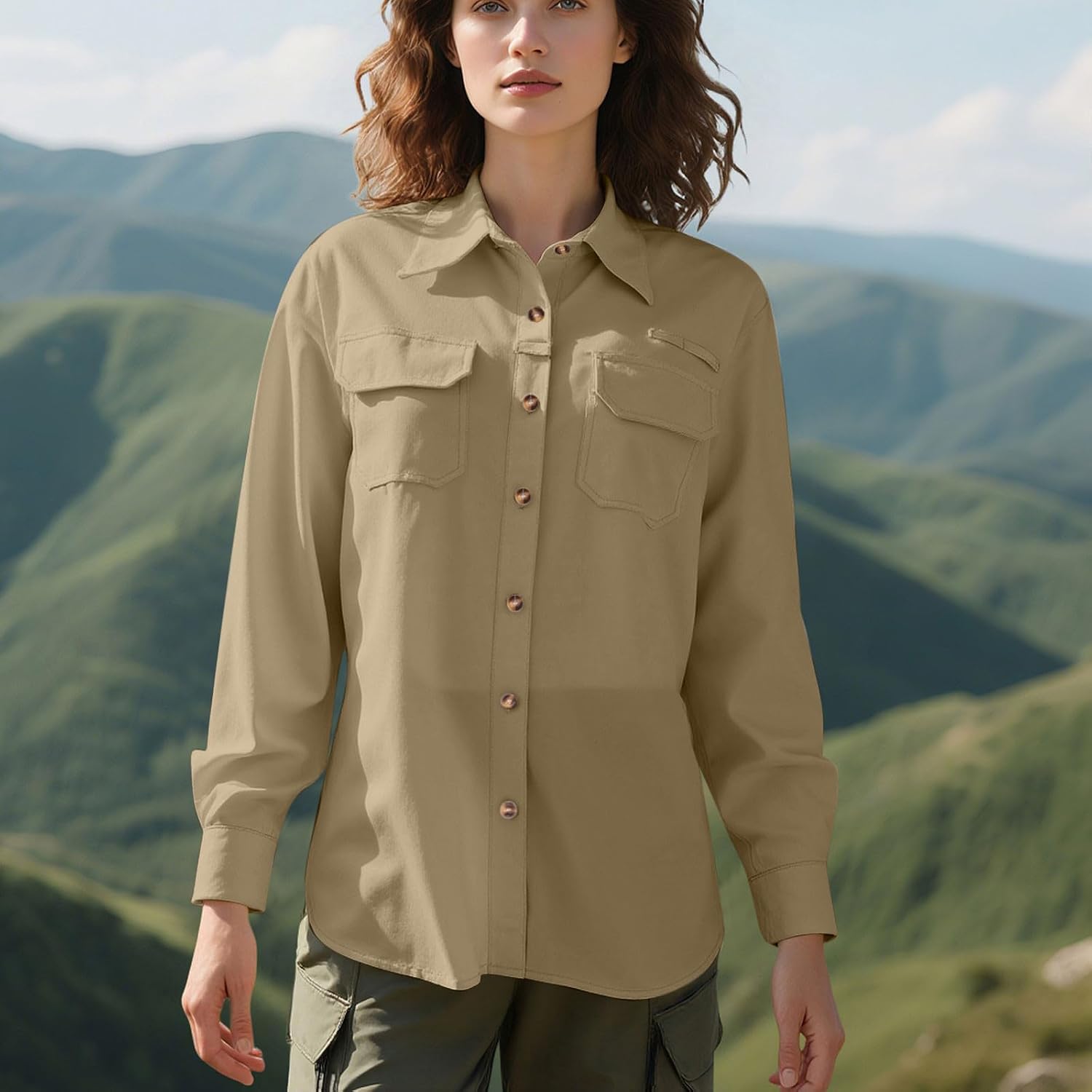 Womens Safari Shirts Long Sleeve Outdoor Sun Protection Blouses 2026 Fashion Quick Dry Fishing Hiking Button Down Top