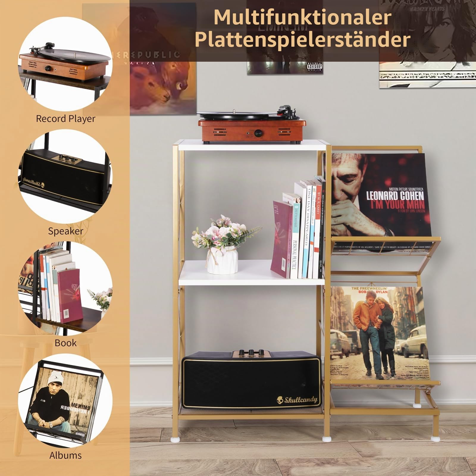 HYCFYJR Plattenspieler Ständer, Schallplatten Aufbewahrung mit 2-stufiger Vinyl Halter und Metallrahmen, Plattenspieler Regal Beistelltisch für Wohnzimmer, Gold Weiß