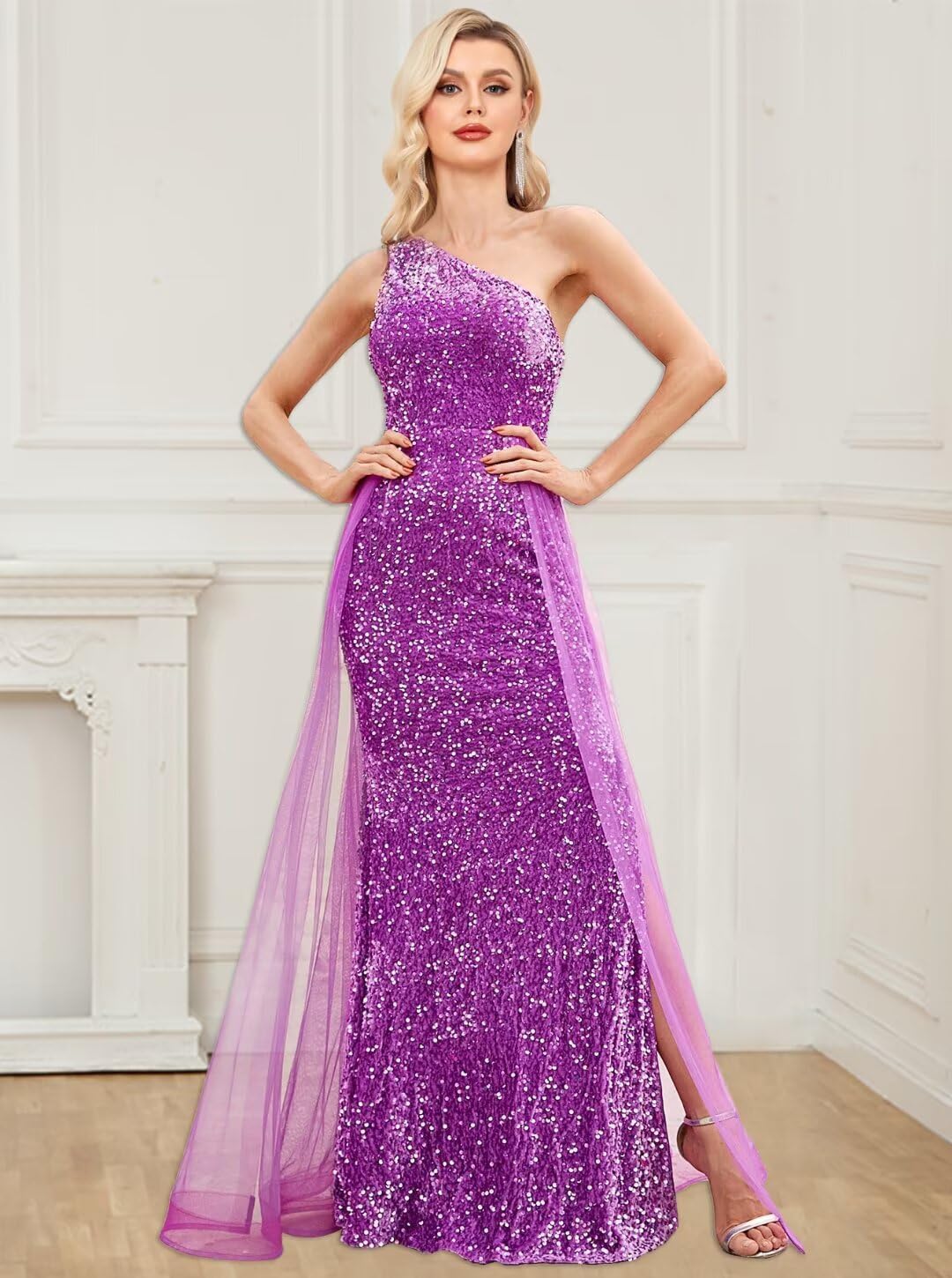 One Shoulder Sequin Prom Dresses Long for Women 2025 Mermaid Ball Gown Tulle Formal Evening Gowns