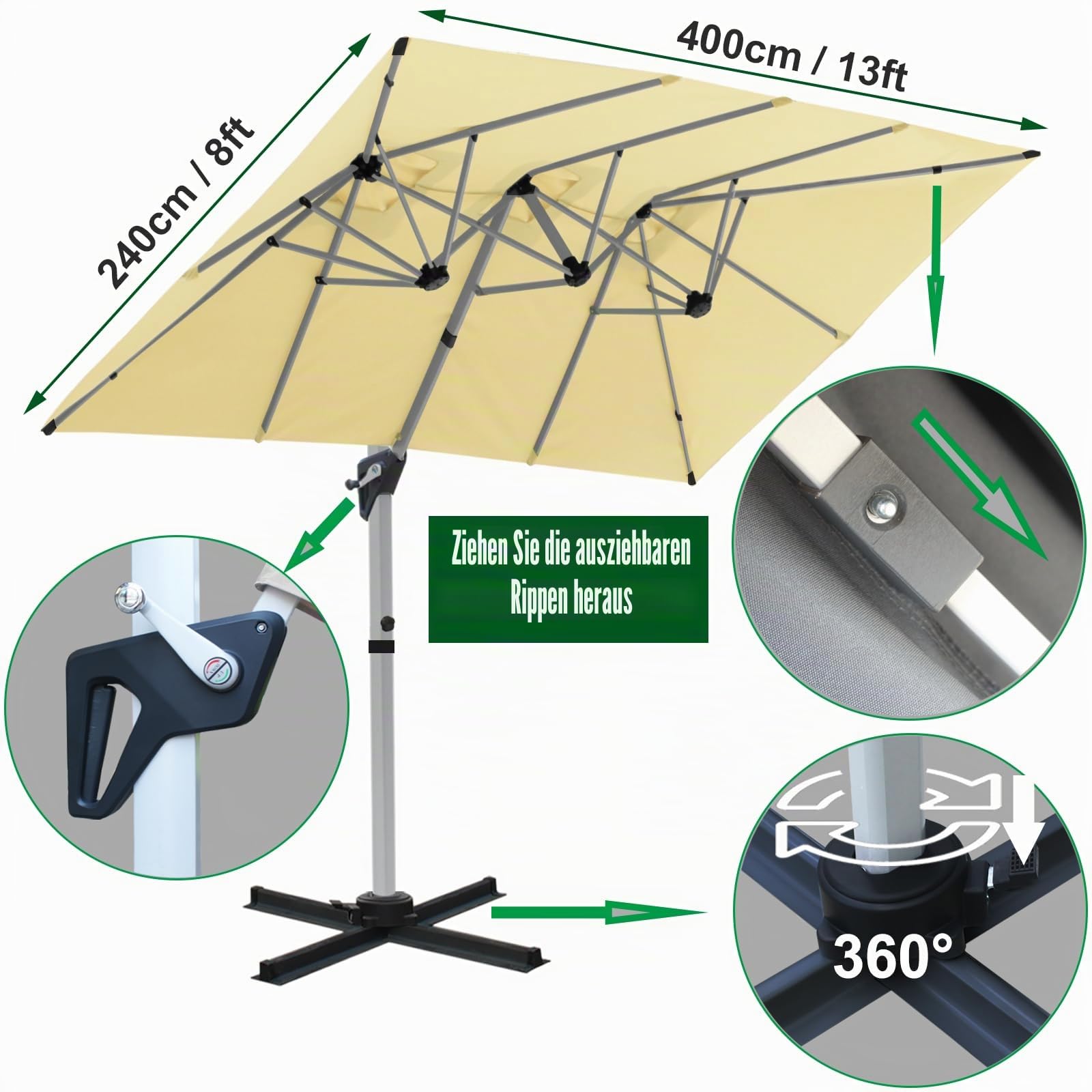 RANSENERS Ampelschirm Rechteckig 400 x 240cm, Doppelsonnenschirm, Drehbar 360°, Neigbar 0°-90°, Extra-Dicker Gewebe, UV50+, für Garten, Terasse, Cafe, im Freien