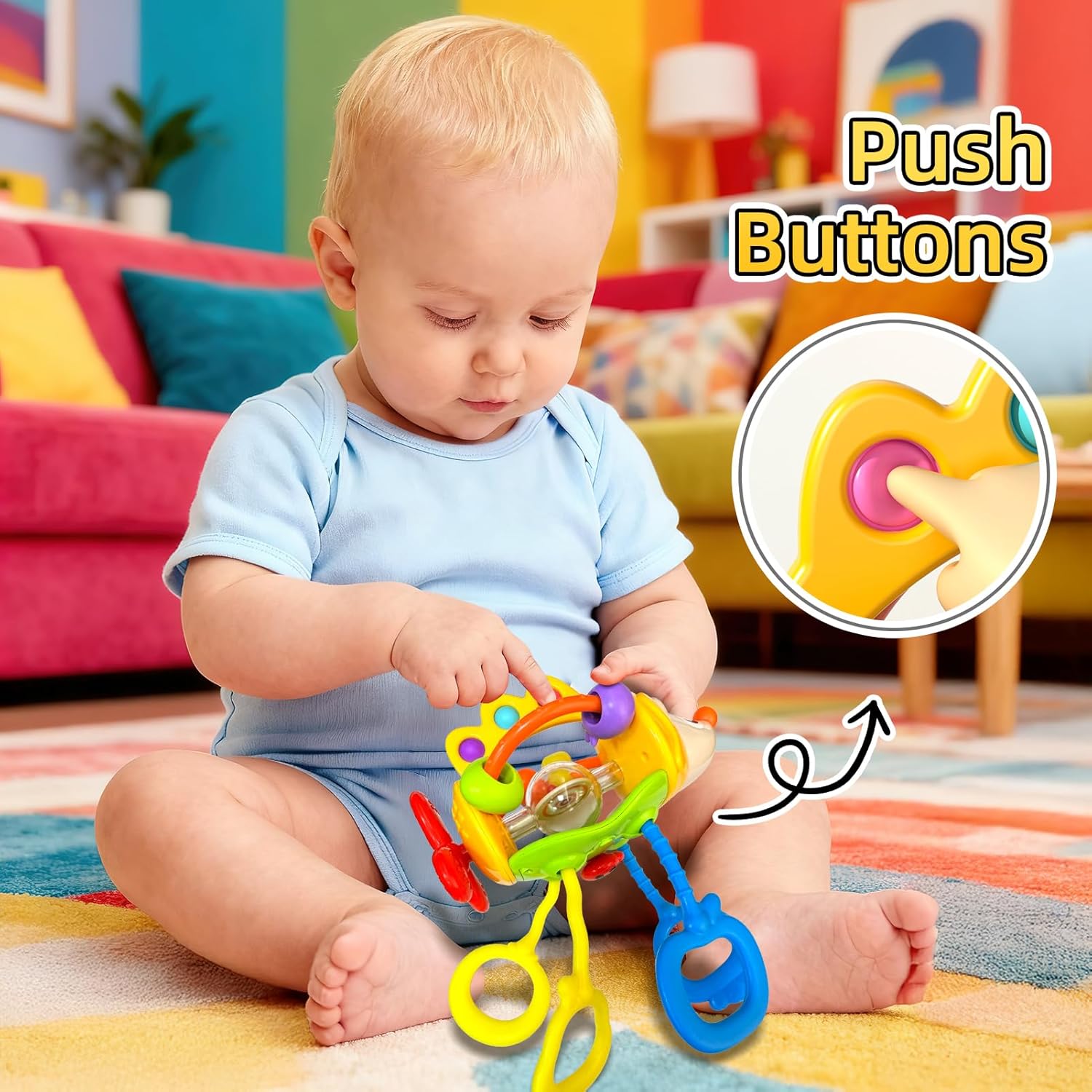 usrela Baby Sensory Toys for 3-6-9-12-18 Months, Silicone Pull String Toy, Baby Birthday Gifts for 1 2 Year Old Boy Girl Infant 5 7 8 9 10 Months Old, Car Seat Airplane Travel Toy