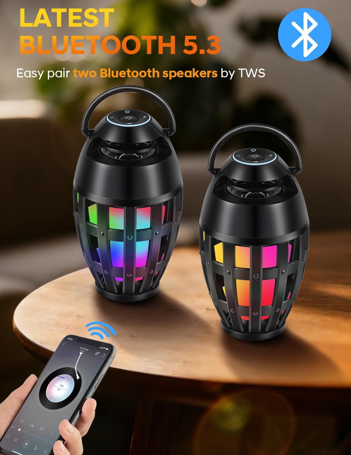 Altoparlanti Bluetooth per esterni con effetto fiamma a LED e cambia colore, impermeabile IPX6, Bluetooth 5.3, ricarica USB, regali per uomo/donna, altoparlante atmosfera torcia per patio, giardino