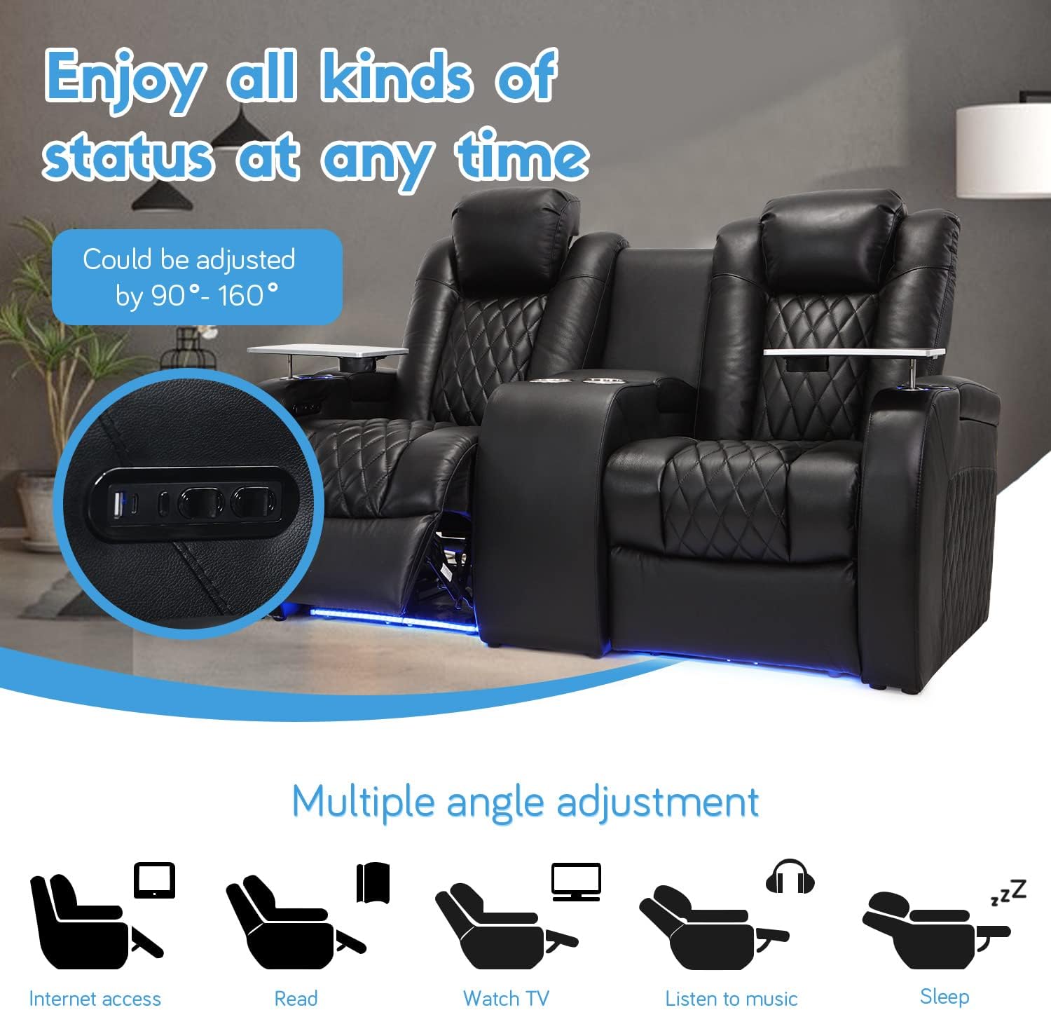 Weilianda Home Theater Seating Top Grain Leather Recliner Chair Dual Power Movie Gaming Sofa Electric Headrest with Tray Table Type-C USB Charge Contain Center Storage Console Black : Home & Kitchen