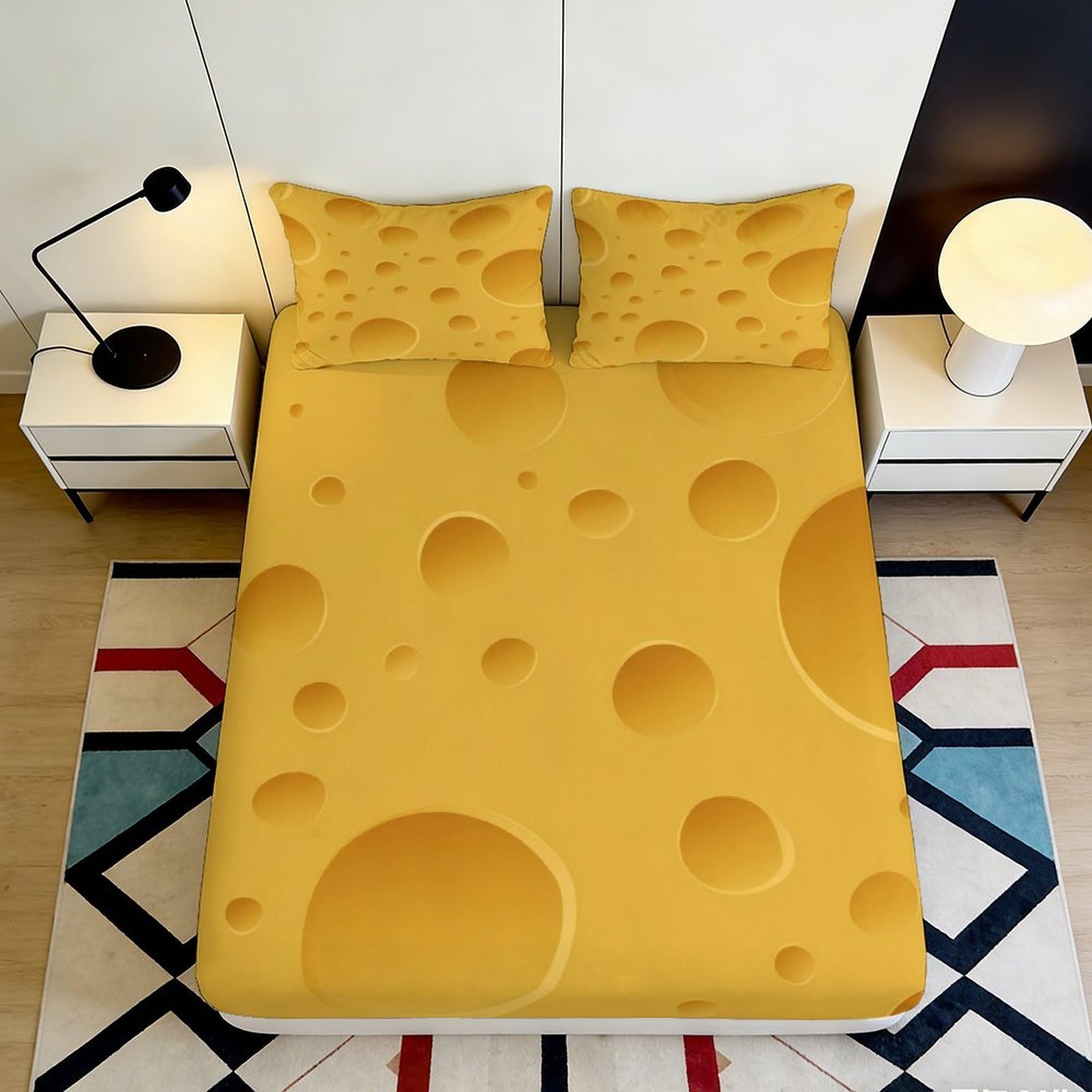 3D Printed Cheese Pattern Fitted Sheet Microfiber Soft Breathable Swiss Cheese Bed Cover for Bedroom Dorm Decor 90x200x25cm