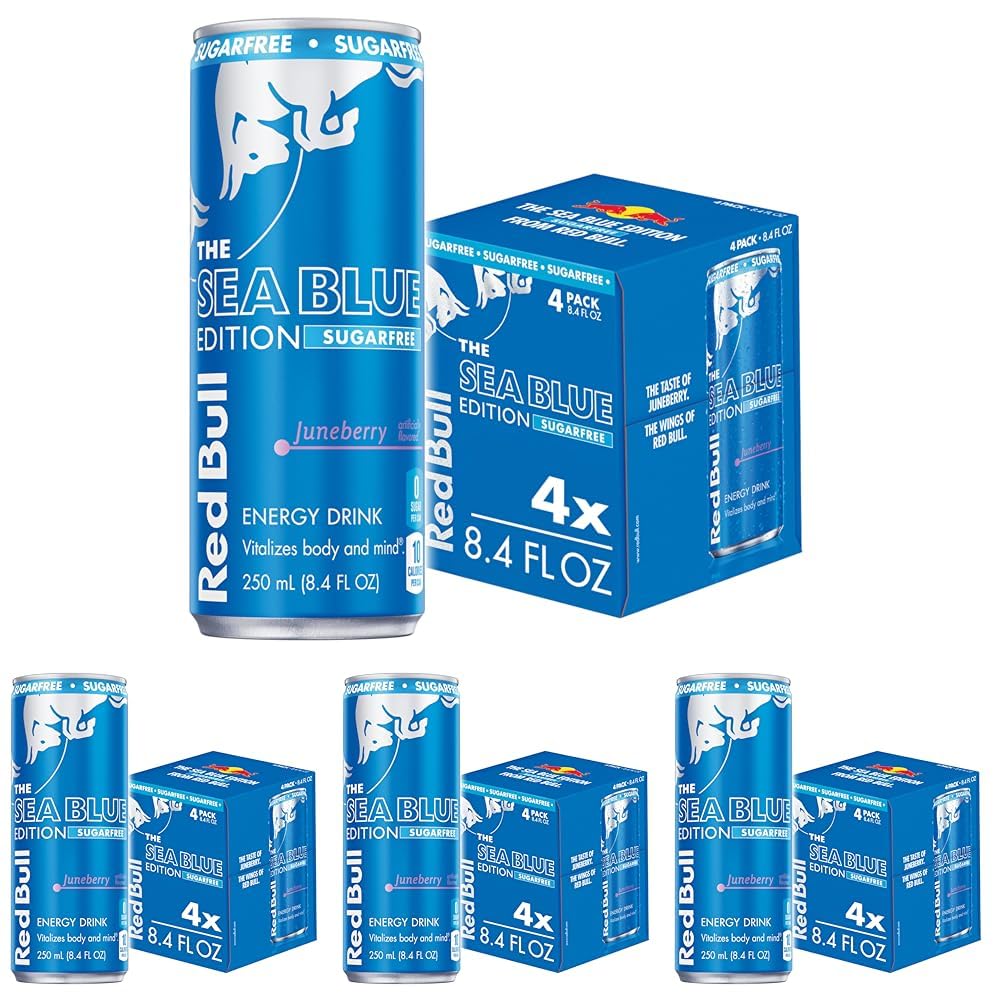 Red BullSea Blue Edition Sugar Free Energy Drink, Juneberry, 8.4 fl. oz., Pack of 16 cans, with 80mg Caffeine, Taurine & B Vitamins