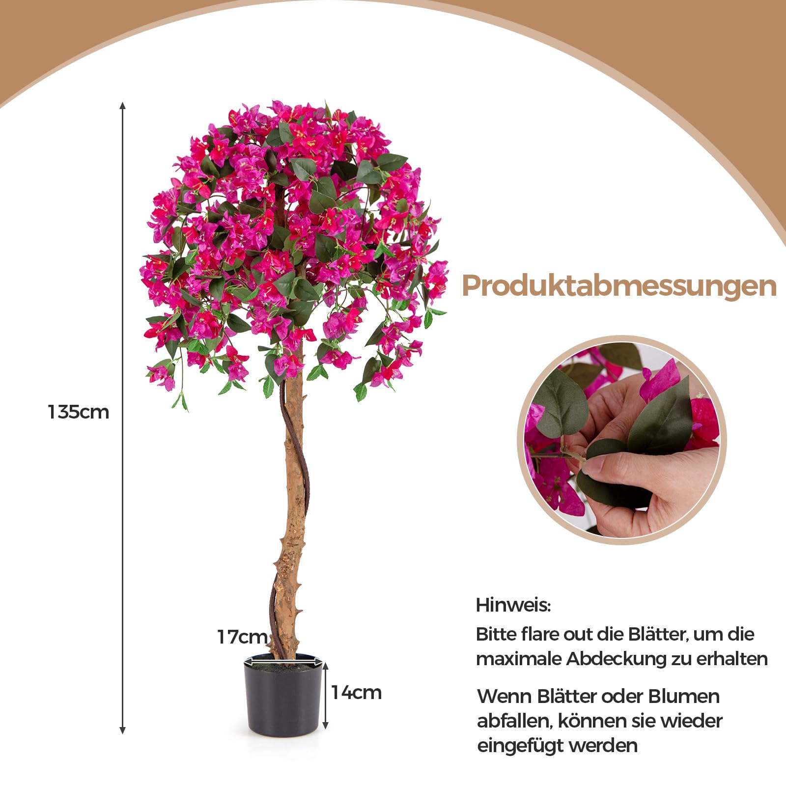 COSTWAY 2 er Set 135 cm Kunstbaum mit Blüten, Kunstpflanze im Topf, Künstlicher Baum mit Azalee-Blumen, Realistische Topfpflanze, Kunstblume für Zuhause, Büro, Zimmerpflanze Dekopflanze, Rosa