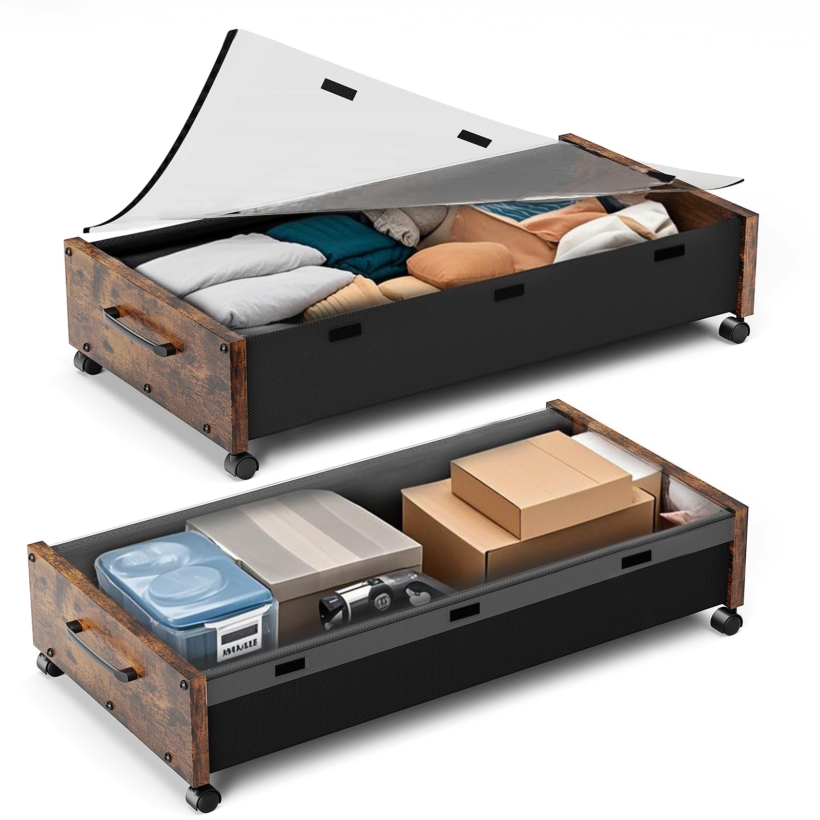 Holz-Bettkasten-Aufbewahrung mit Rädern, 80 L extra große Rollung unter dem Bett, 2er-Set mit abnehmbarem Deckel, verbesserte Metall-Bettkasten-Aufbewahrung für Kleidung (Vintage Braun-2er-Set)