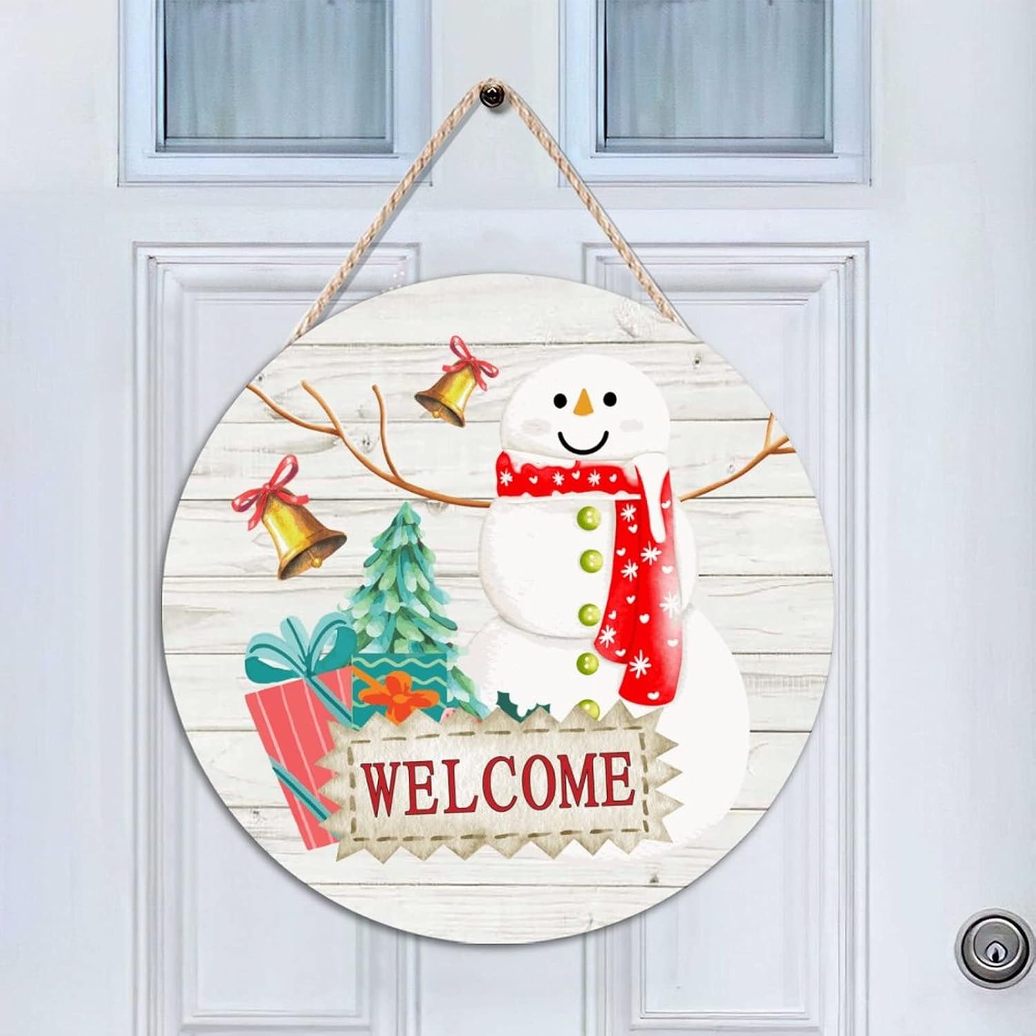 Snowman Front Door Round Welcome Wood Sign, Christmas Snowman Welcome Wood Door Sign, Winter 16x16in Welcome Wall Hanging Sign Plaque Farmhouse Backyard Door Hanger Wall Decor