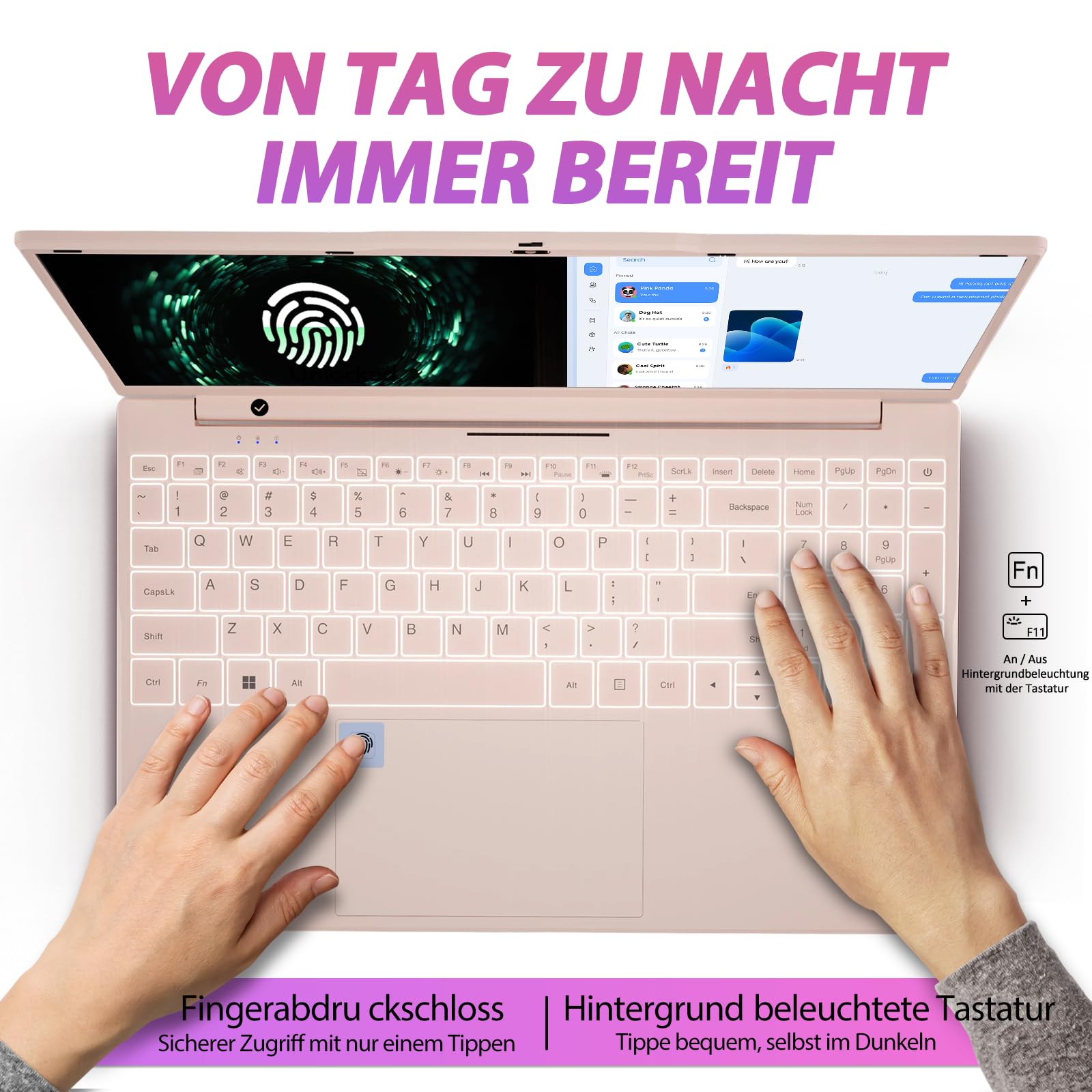 Auusda Laptop 15,6 Zoll FHD IPS Display, 16 GB RAM, 512 GB SSD, Prozessor N5100 (2,8 GHz), Fingerabdrucksensor, Beleuchtete Tastatur, Dualband-WiFi, Bluetooth 4.2 für Business, Studium, Home Office