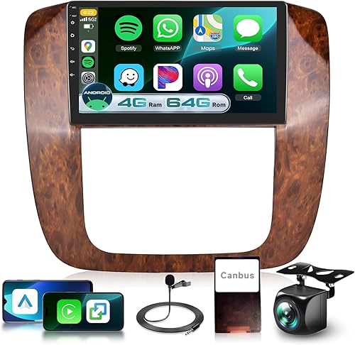 Estéreo de coche Android 4G+64G para Chevy Silverado Tahoe Suburban GMC Yukon 2007-2013 con DSPCarplay inalámbricoAndroid Auto, 9 pulgadas 1280P IPS