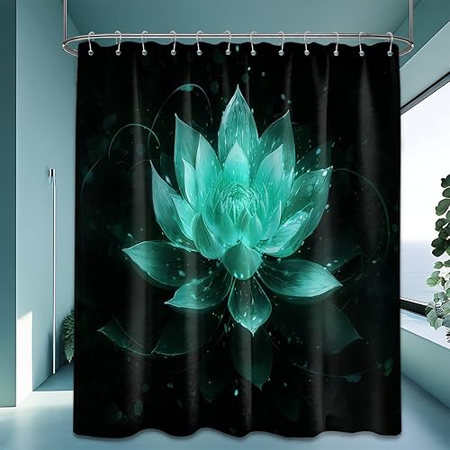 Miniatura 27 de Cortina de ducha negra y dorada con flores de loto amarillo dorado para juegos de decoración de baño, tela impermeable con ganchos, 70 x 72 pulgadas