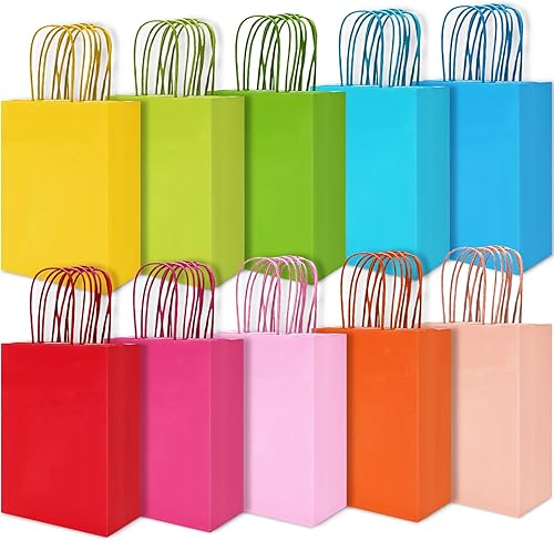 Whaline 40 bolsas pequeñas de regalo arcoíris de 8.3 x 6 x 3.1 pulgadas, 10 bolsas de papel kraft de color neón, bolsas pequeñas de papel de estraza