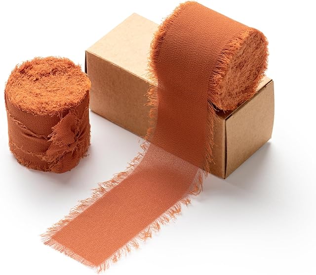 AOKSUNOVA Kokarda wstążka 3,8 cm szyfonowa wstążka prezent wstążka tkanina ślubna wstążka terakotowa wstążka z frędzlami