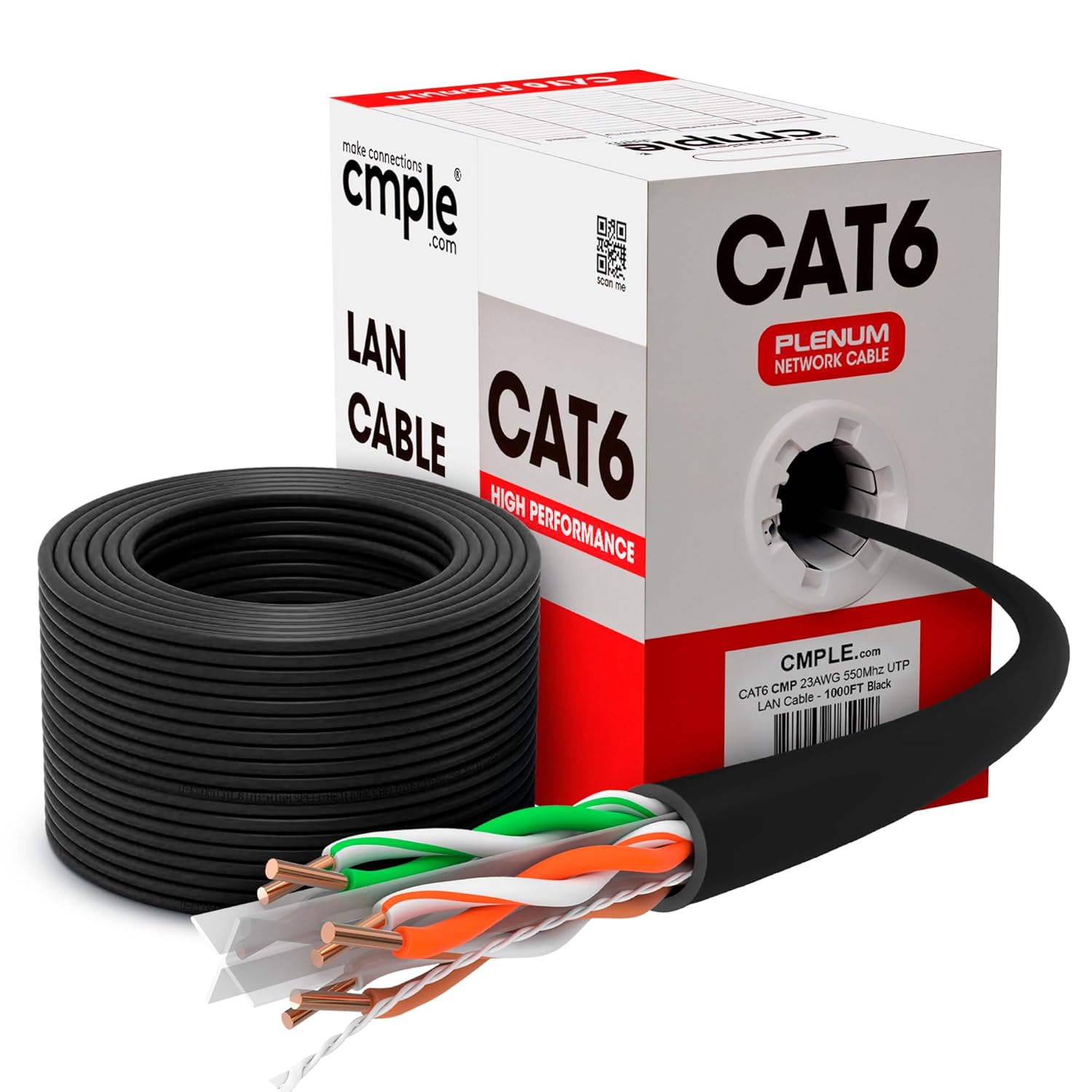 Cmple - Cat6 Plenum Ethernet Cable 1000ft, Cat 6 Cable (CMP) 550MHz Unshielded Twisted Pair (UTP) 10 Gigabit Solid Network Cable, Bulk Ethernet Cable - Black