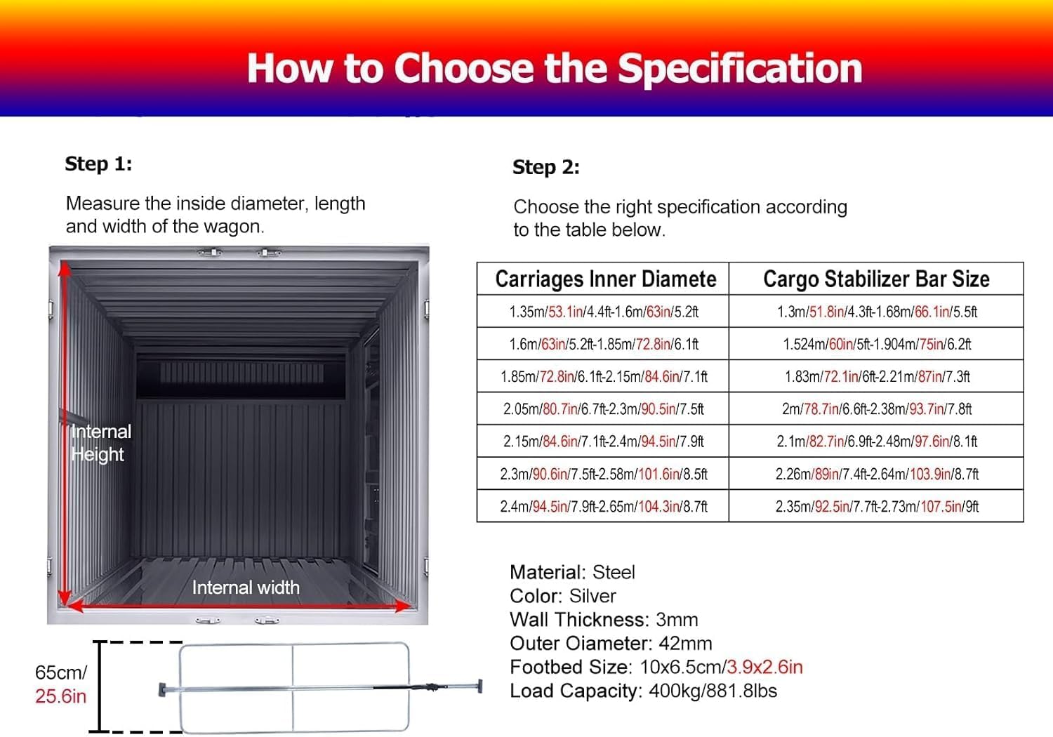 Heavy Duty Cargo Stabilizer Bar with Spring, Cargo Stabilizer Bar Adjustable Cargo Ratcheting Cargo Bar for Full-Size Trucks SUVs Vans Cars, Steel Truck Cargo Bar Extends 4.36 to 9 Ft(2.35m/7.7ft-2.73