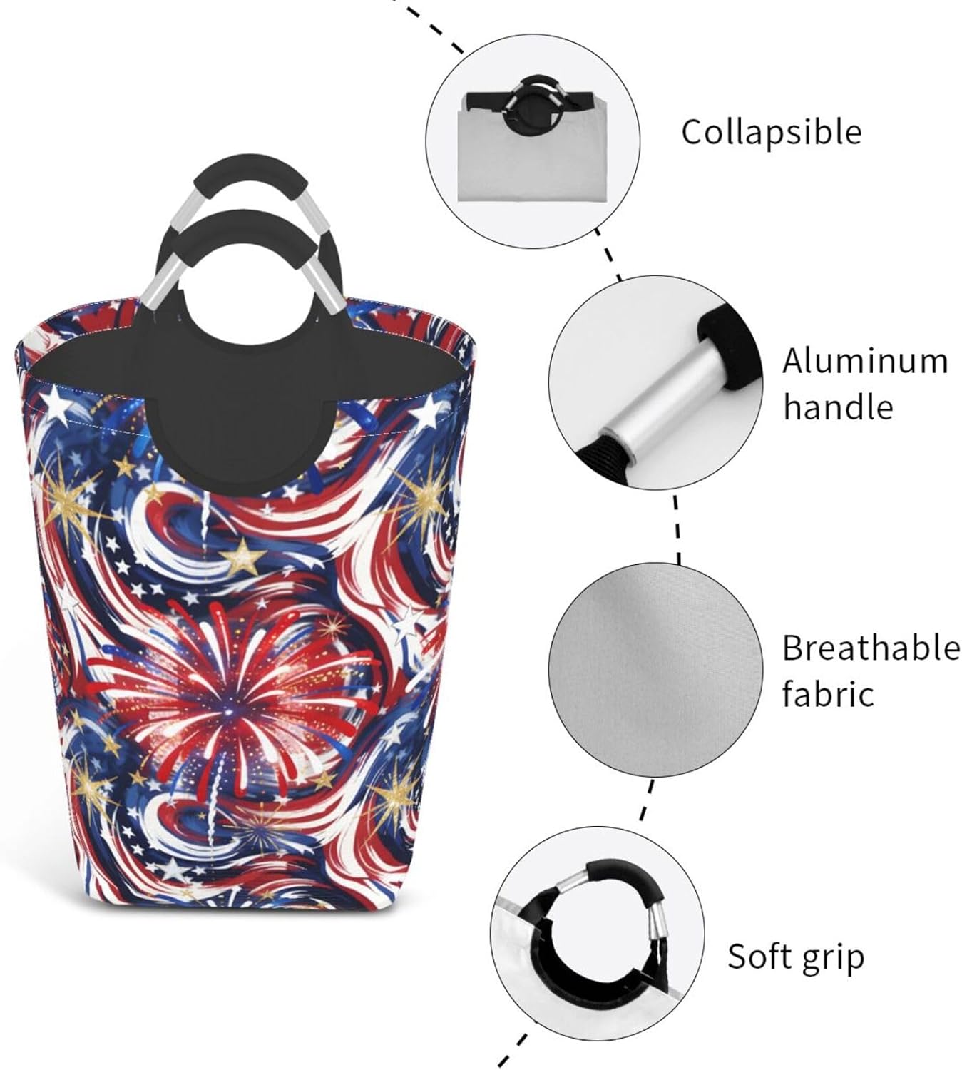 Swirling Stars & Stripes Foldable Dirty Laundry Bag, Waterproof Oxford Fabric With Pe Board Base, 50l Capacity For Home & Travel