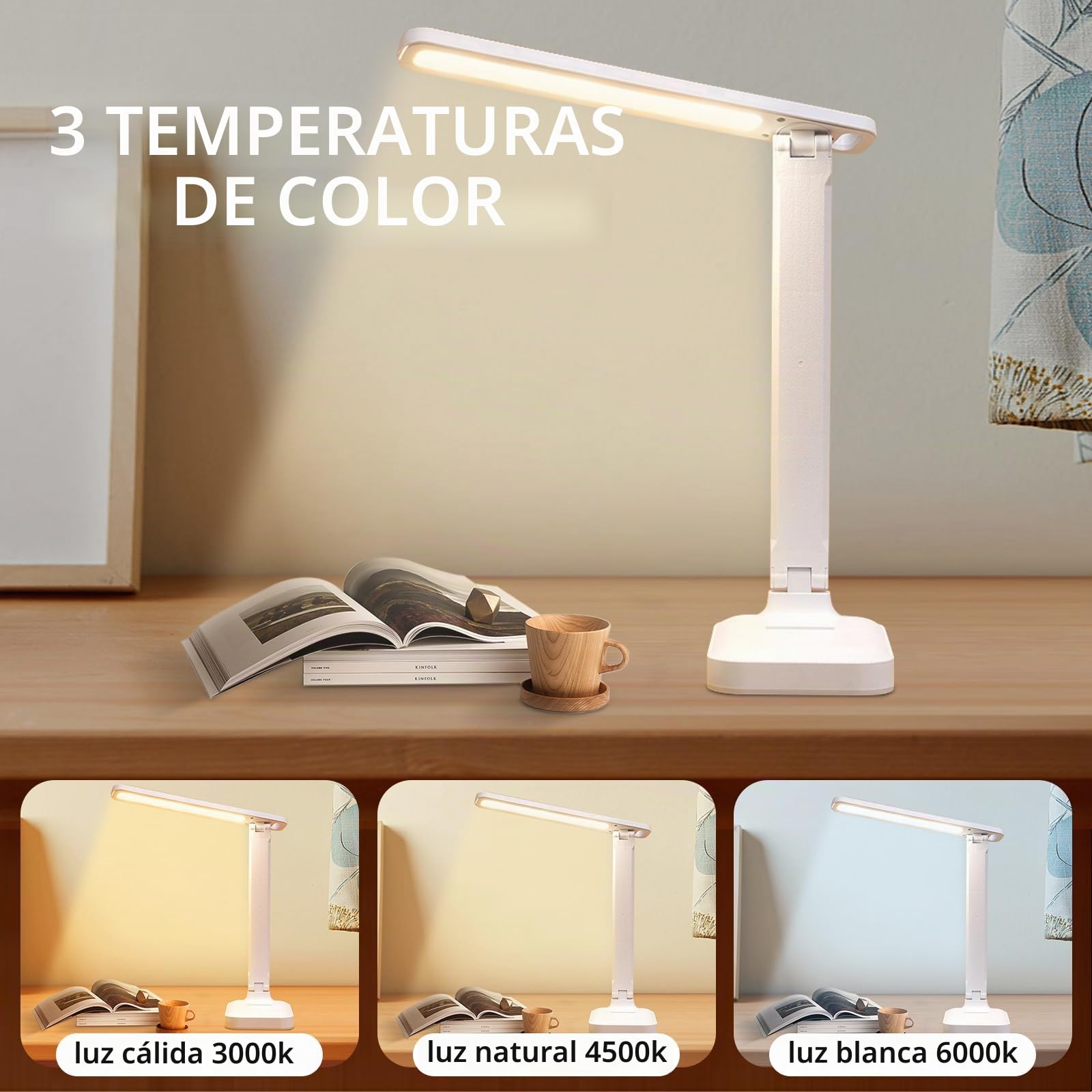 Lámpara Escritorio LED, Plegable, 3 Modos y 5 Niveles de Brillo,Control Táctil Flexo Lámpara de mesa Cuidado de Ojos para Cama,Oficina,Leer,Estudiar,Luz Nocturna
