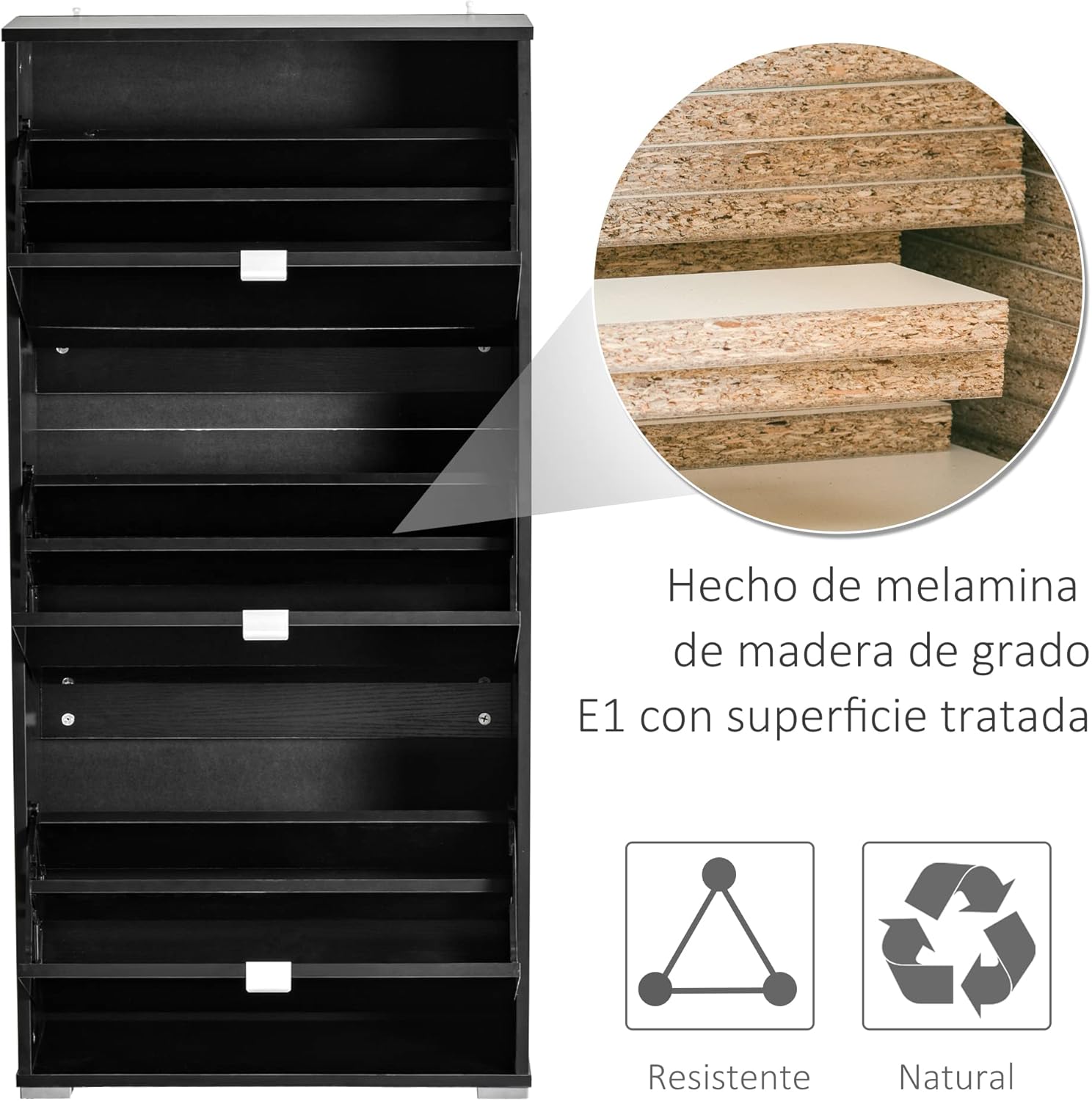 Pedalaman view of the shoe cabinet showing adjustable shelves and material detail