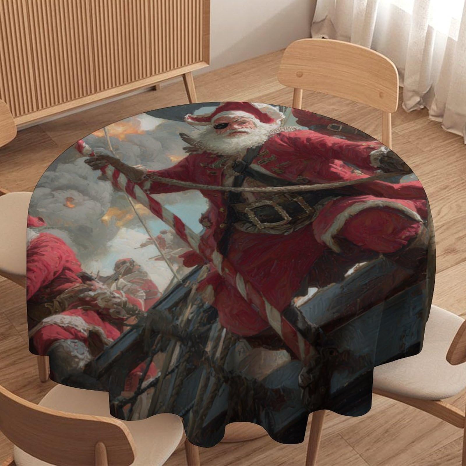 LUYYSKY Rustic Abstract Red Santa Waterproof Round Tablecloth Modern Funny Christmas Santa Pirate Ship Pattern Washable Table Cover for Kitchen-177.8" Wx177.8 L cm