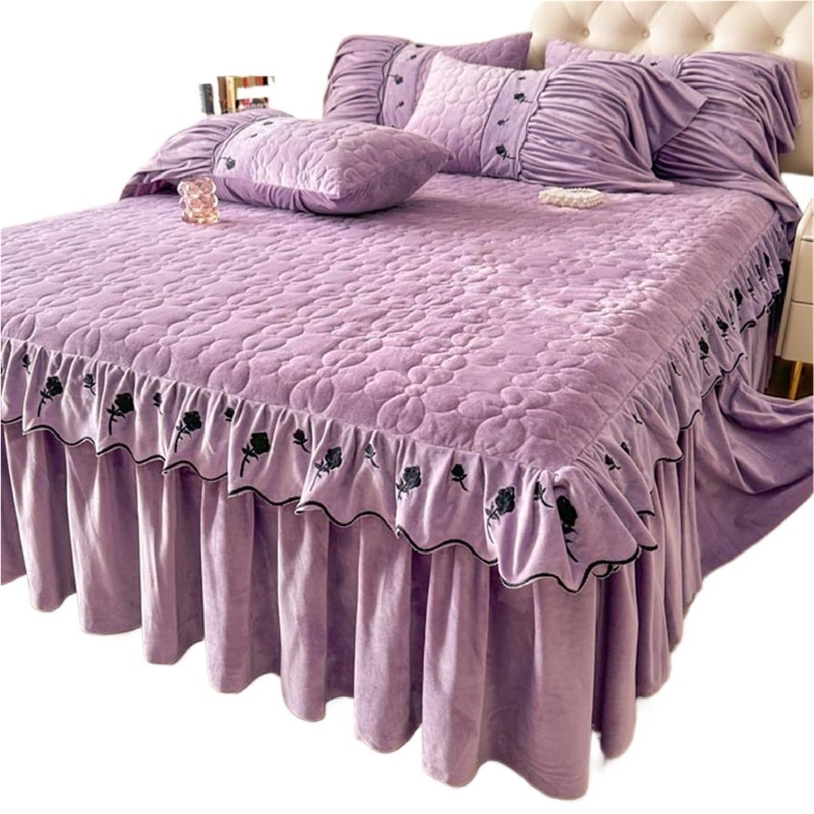 Jupe de lit style princesse en velours violet 180x200 pour un sommeil doux et serein