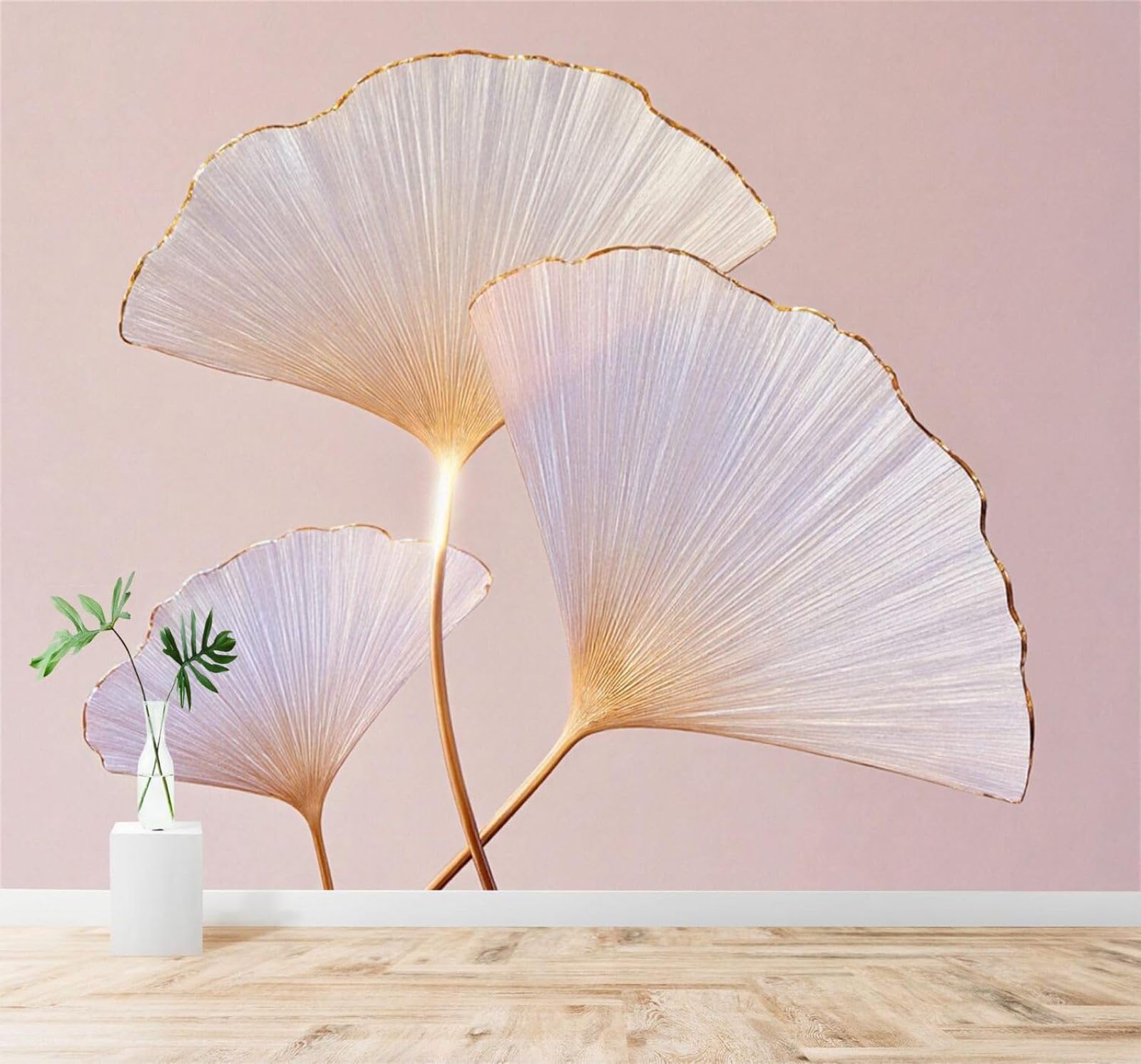 Tzxztt Exquisite Elegant Ginkgo Leaves Gold Edging Soft Pink Background Modern 3D Wallpaper Premium Textured Silk Neutral Tones Material Ideal for Living Room Bedroom-400cm×280cm