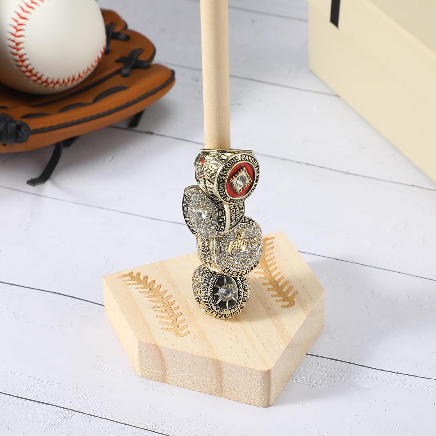 Beeveer 2 Sets Baseball Wooden Ring Holder 10 Inches Softball Ring Display Stand Stacked Storage Organizer Christmas Birthday Gift for Dad Grandpa
