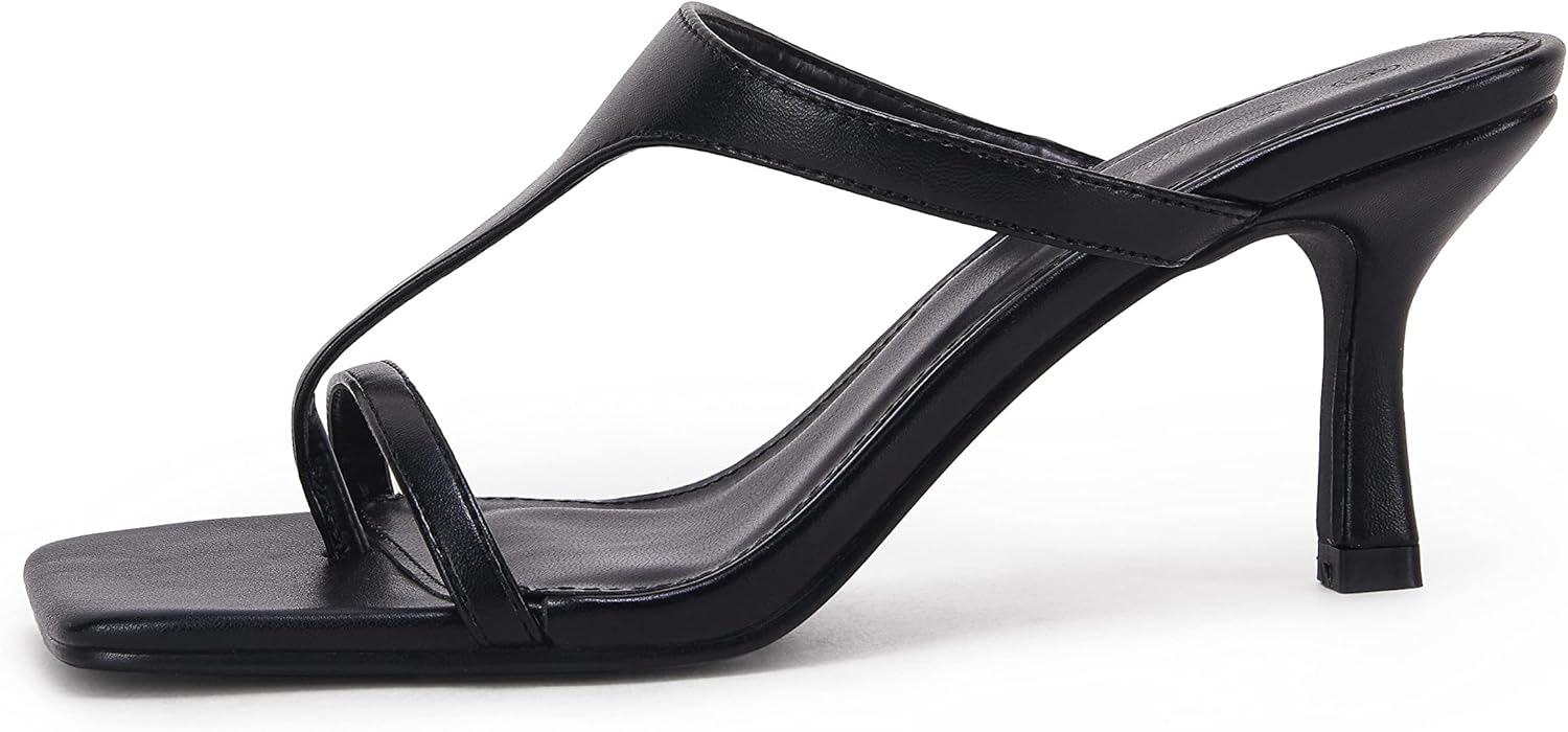 Ermonn Womens Square Open Toe Heeled Sandals Flip Flop Slingback Thong Slip On Stiletto Slides Summer Dessy Shoes 5.5 Black
