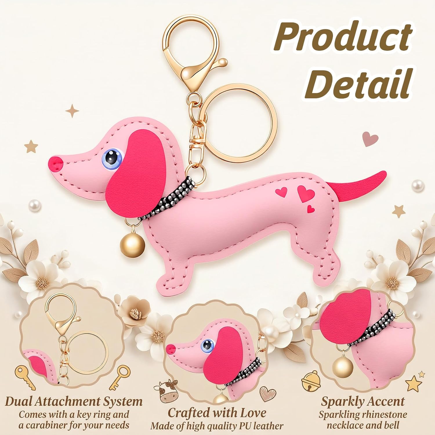 Dachshund Keychain & Bag Charm, 1 Pc PU Leather Wiener Dog Gifts for Women, Cute Animal Purse Charms