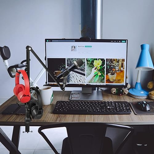 Miniatura 6 de Geekria Brazo de micrófono para creadores, brazo de micrófono con ganchos para auriculares, soporte de suspensión, soporte de montaje de escritorio