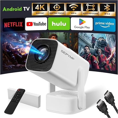 Mini Projector 2025 Upgraded with 4K & 1080P, Portable Video Projector for Bedroom & Outdoor , Android 13 with WiFi 6 & Bluetooth 5.2, Built-in Netflix, Compatible with iPhone/TV Stick