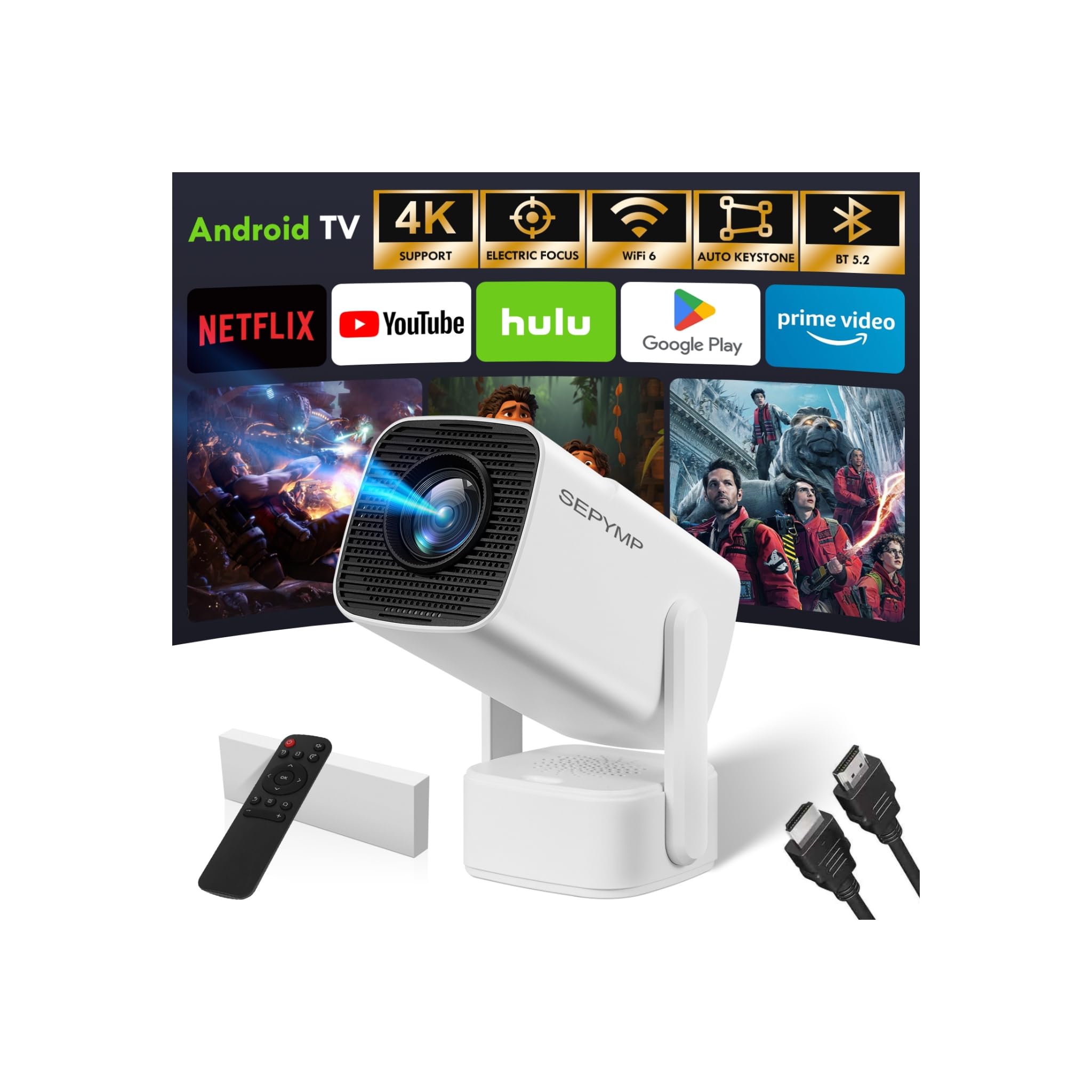Proiettore Portatile 4K,SEPYMP 2025 Upgraded Android 13 Proiettore| 4K e 1080P HD | WiFi 6 e Bluetooth 5.2 | Compatibile con TV Stick, PS5, Laptop, HDMI, USB