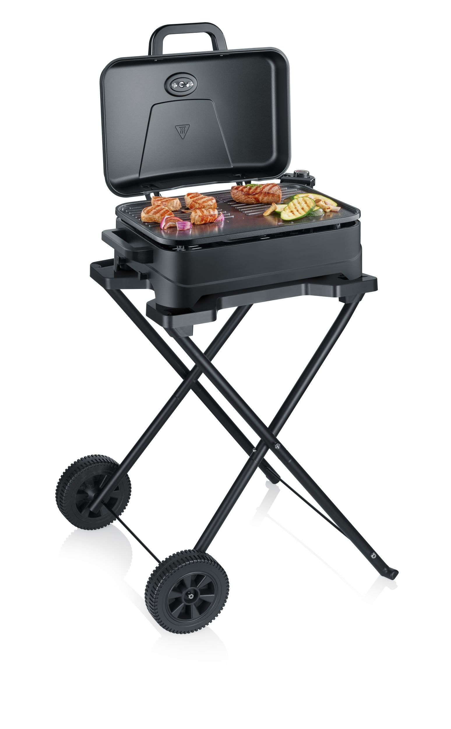 Severin Barbacoa eléctrica 2 en 1 de pie y de sobremesa, 2300 W, revestimiento cerámico, máx. 230 °C, con tapa, soporte, termómetro, superficie de cocción de 45 x 30 cm, negro mate, PG 8598