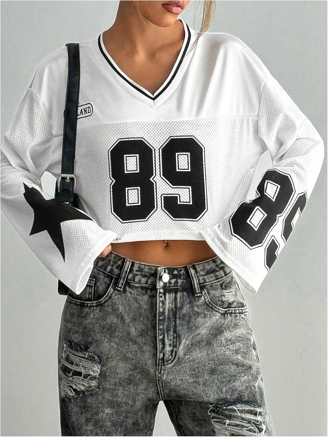 Milumia Women's Jersey Shirts Y2k Number Print Long Bell Sleeve Crop Tops Football Jersey - Image 4
