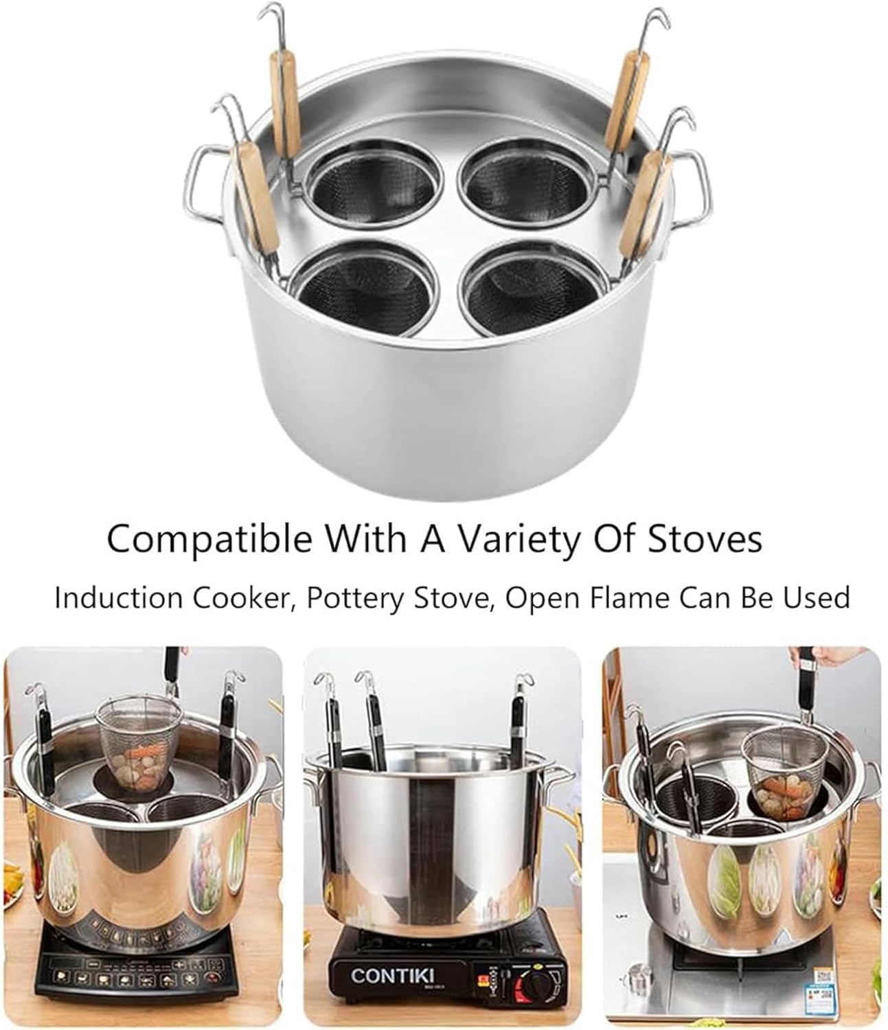 XENITE Strainer Pasta Cooker Insert Set, 3/4/5 Holes Pasta Pot Cookware with Insert Strainer Basket for Home Kitchen Restaurant Commercial Cooking,4 Hole Basket (Size : 3 Hole)