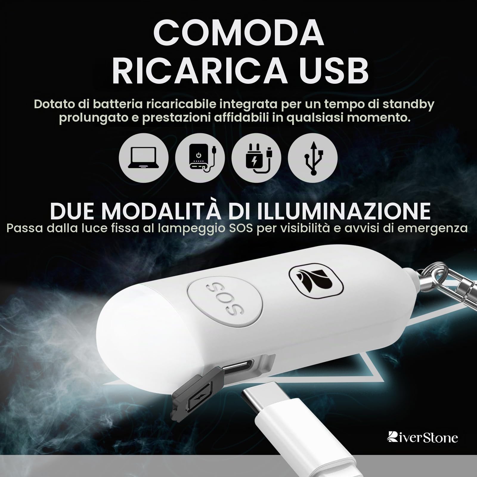 River Stone Allarme di Sicurezza Personale 130dB per Apple FindMy iOS (14.5+) Porta Chiavi Localizzatore Anti-aggressione, Sirena di Emergenza per Donna Bambino Anziano, Localizzazione, Auto-difesa
