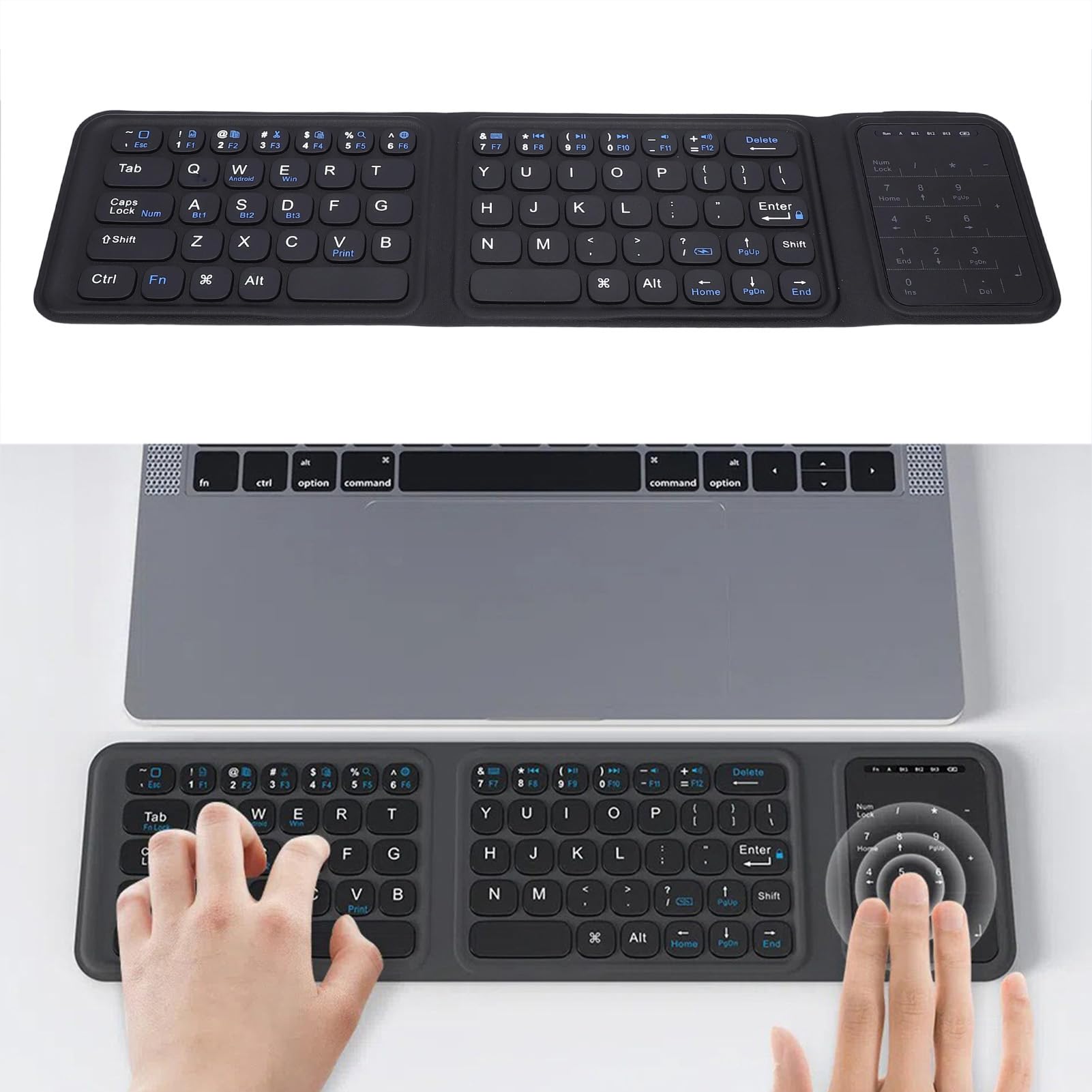SUNGOOYUE Tastiera Pieghevole, Tastiera Bluetooth 5.0 Ripiegabile a Tre Tasti Portatile a Grandezza Naturale con Touchpad, Batteria da 65 Ore per Laptop, PC, Tablet, Telefono, Viaggi
