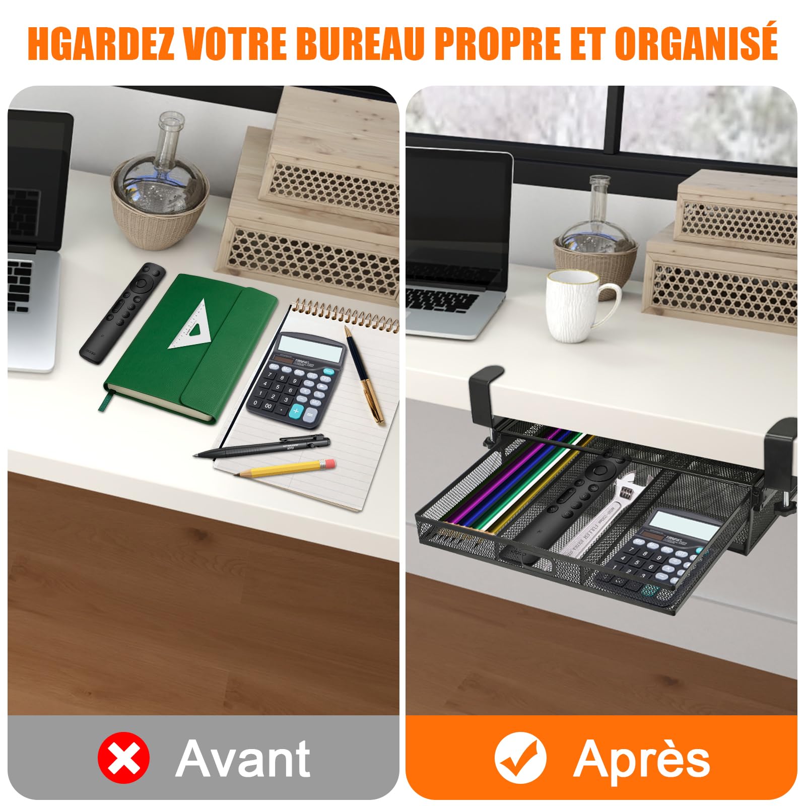 Tiroir coulissant à clipser sous le bureau | Tiroir de table en maille métallique | Rangement sous le bureau | Organiseur de bureau caché pour fournitures de bureau et accessoires de maison