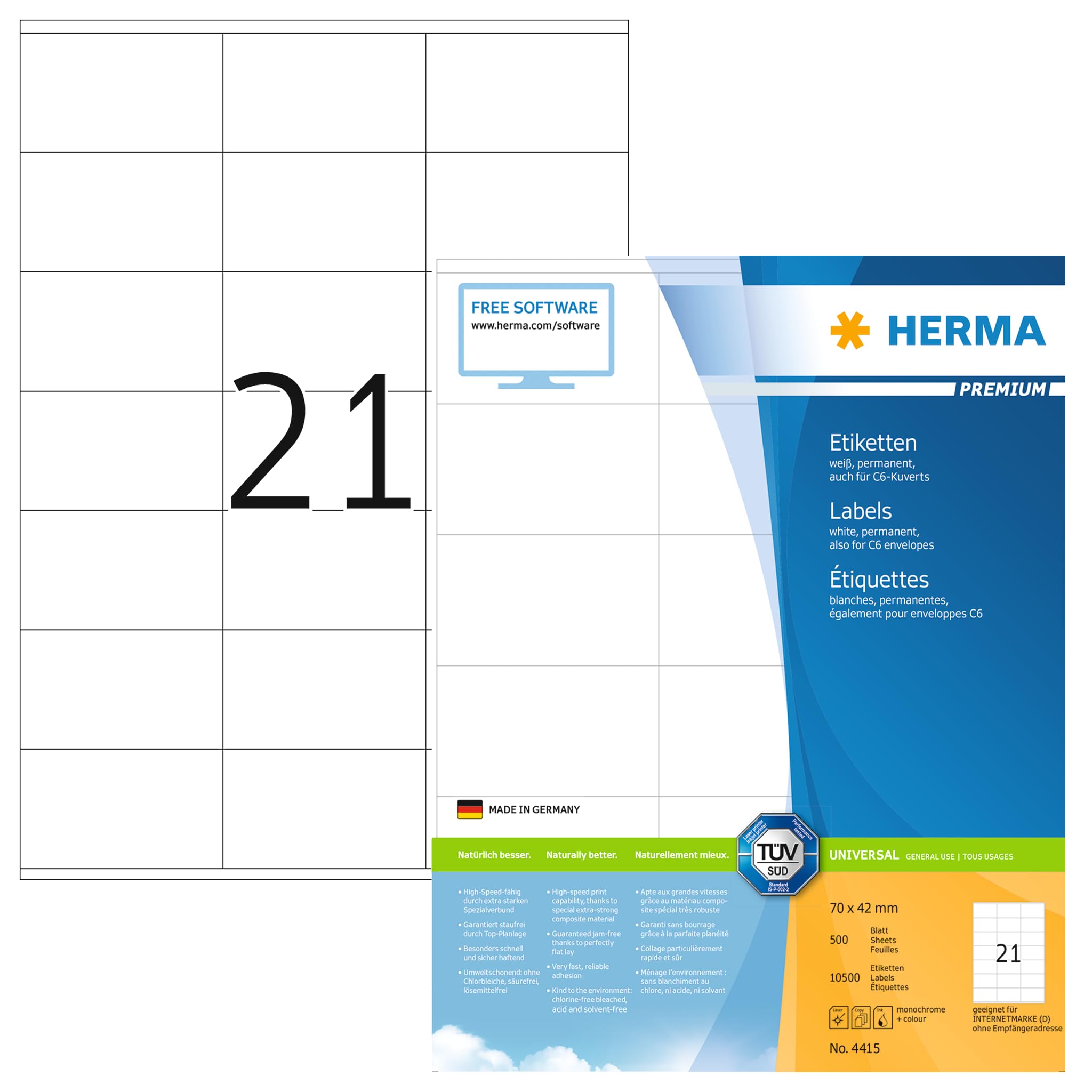 HERMA 4415 Adressetiketten, 500 Blatt, 70 x 36 mm, 21 pro A4 Bogen, 12000 Stück, selbstklebend, bedruckbar, matt, blanko Papier Adressaufkleber Etiketten, weiß