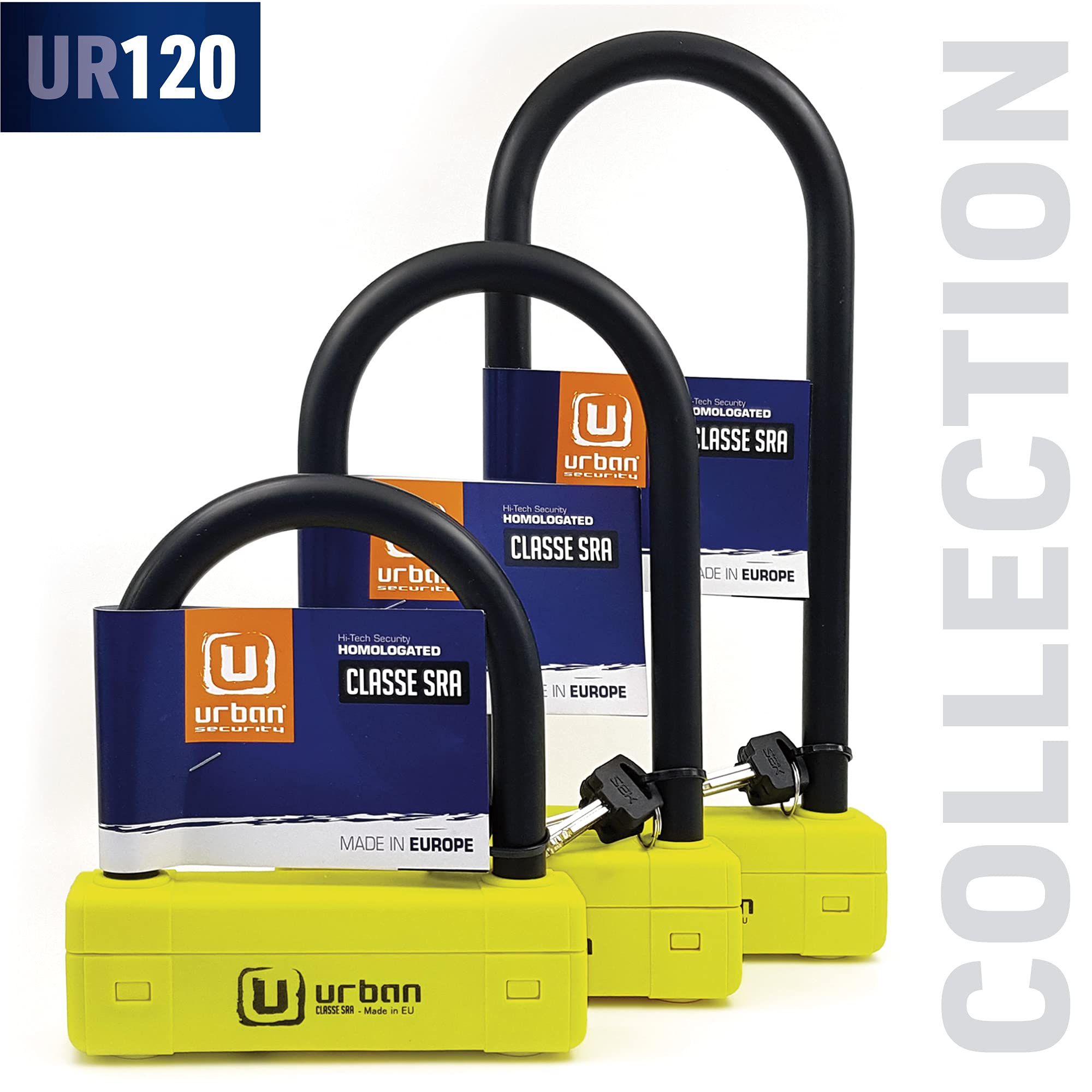 URBAN UR120310 Candado Moto U Máxima Seguridad Homologado SRA, Horquilla ø18 Acero Endurecido Doble Bloqueo, Más Visible, U lock Antirrobo 120x310mm Más Polivalente para Neumático Motocicleta, Scooter