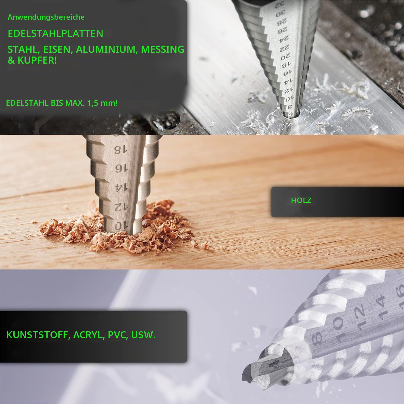 Stufenbohrer für Metall, [Ø 4-32 MM], kegelbohrer, metallbohrer stufenbohrer metall, lochbohrer, Kunststoff & Holz - Profi HSS Kegelbohrer - Schälbohrer 6.35mm Schaft - Blechbohrer Step Drill Bit